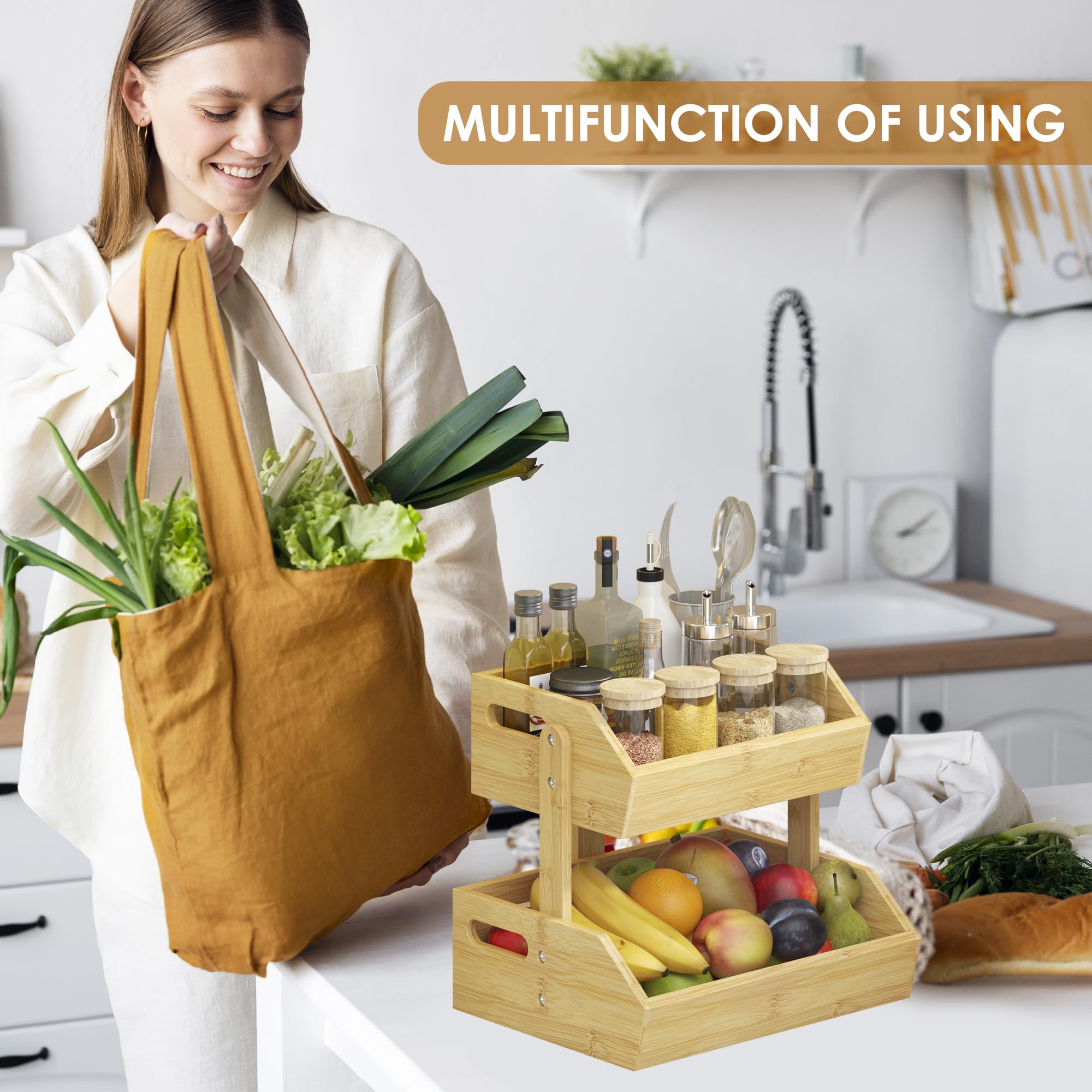 2-Tier Bamboo Fruit Basket - Kitchen Countertop Organizer for Fruits, Onions, Potatoes, Bread & Snacks | Eco-Friendly Storage Solution for Fresh Produce & Pantry Items | Perfect for Home, Office & Dining Room Decor