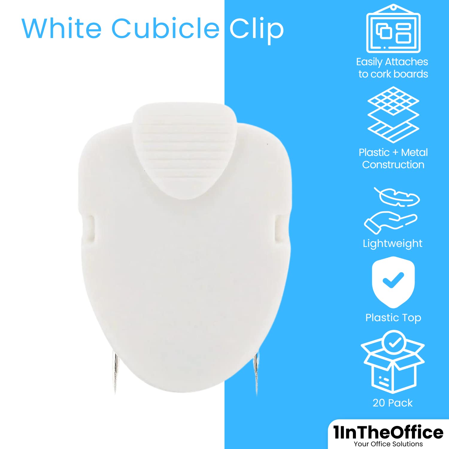 1InTheOffice White Cubicle Wall Clips - 20 Pack Fabric Bulletin Board Clips for Office Organization, Home Decor & Classroom Supplies - Perfect for Hanging Photos, Notes & Documents