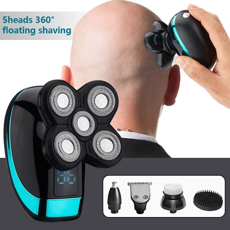 5-in-1 Electric Razor for Men - Bald Head Shaver with LED Display, Nose Hair & Beard Trimmer, Facial Cleansing Brush, USB Rechargeable - Perfect for Travel, Gym & Daily Grooming Routine