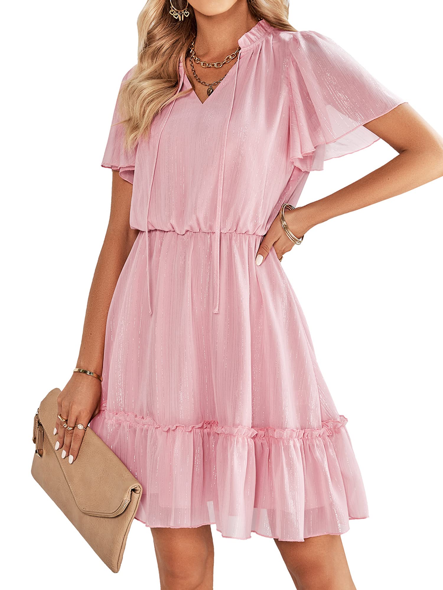 Infashule Women's Summer Dresses 2023 - Short Sleeve V-Neck Ruffle Flowy A-Line Swing Dress for Casual Outings, Beach Vacations & Date Nights