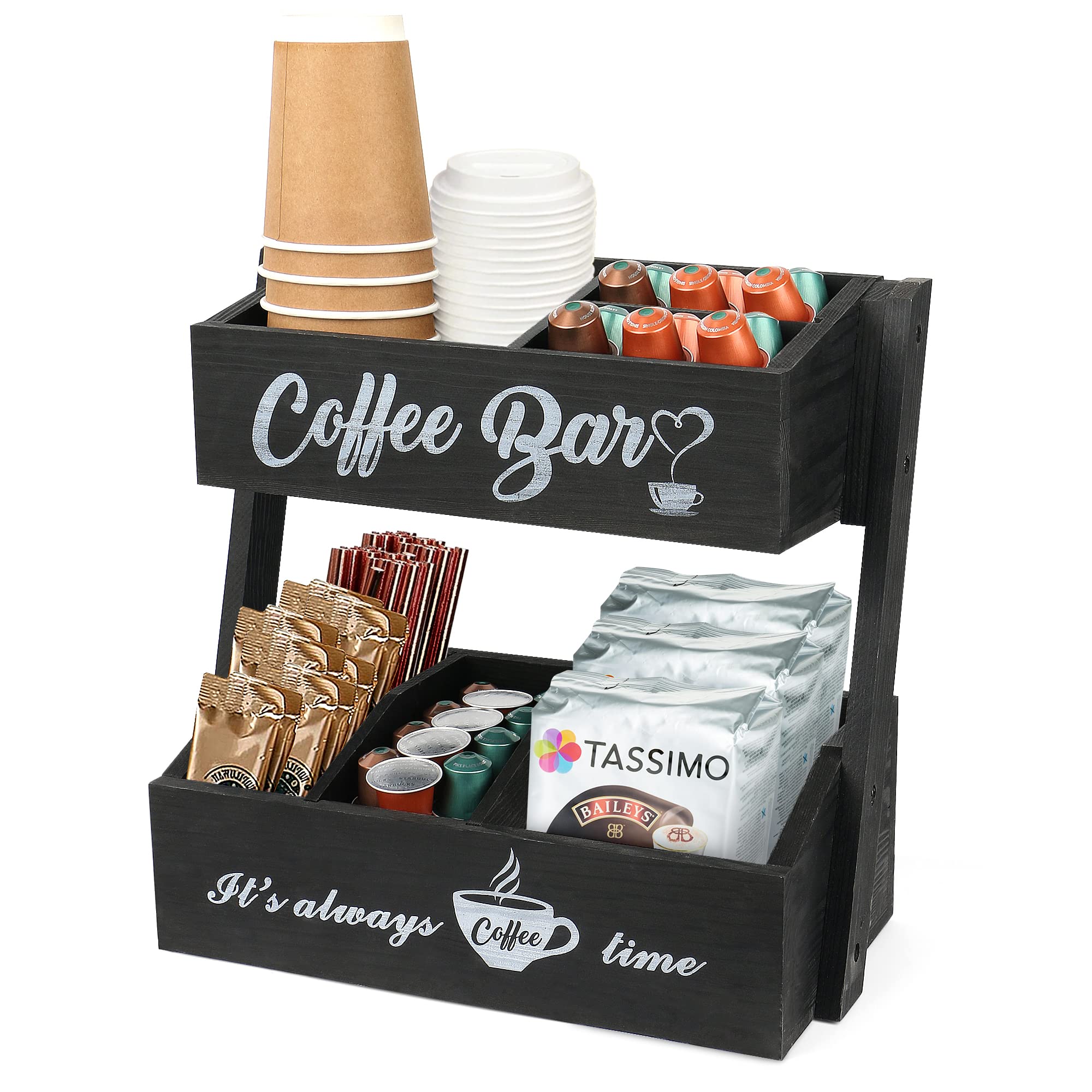 2-Tier Coffee Bar Organizer - Countertop Storage Shelf for Coffee Station & Kitchen Essentials | Black Coffee Bar Decor | Perfect Gift for Coffee Lovers | Ideal for Home, Office & Cafe Use