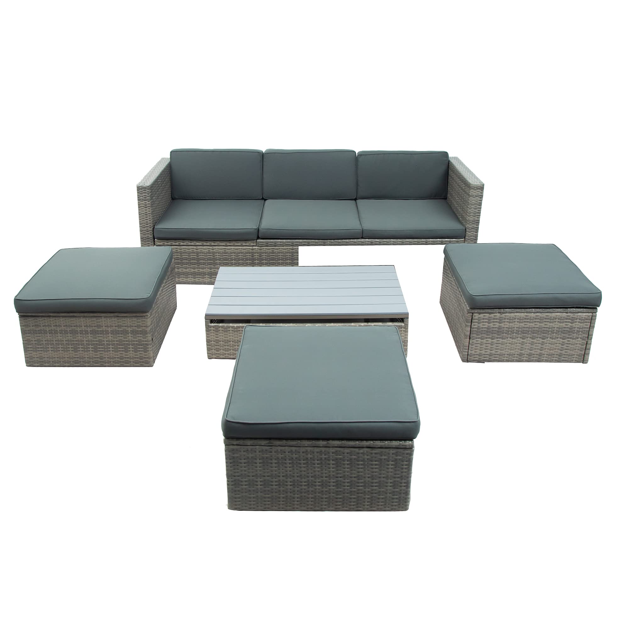5-Piece Wicker Patio Furniture Set - Gray Rattan Sectional Sofa with Adjustable Backrest, Cushions, Ottomans & Lift-Top Coffee Table for Outdoor Garden, Poolside & Backyard Relaxation