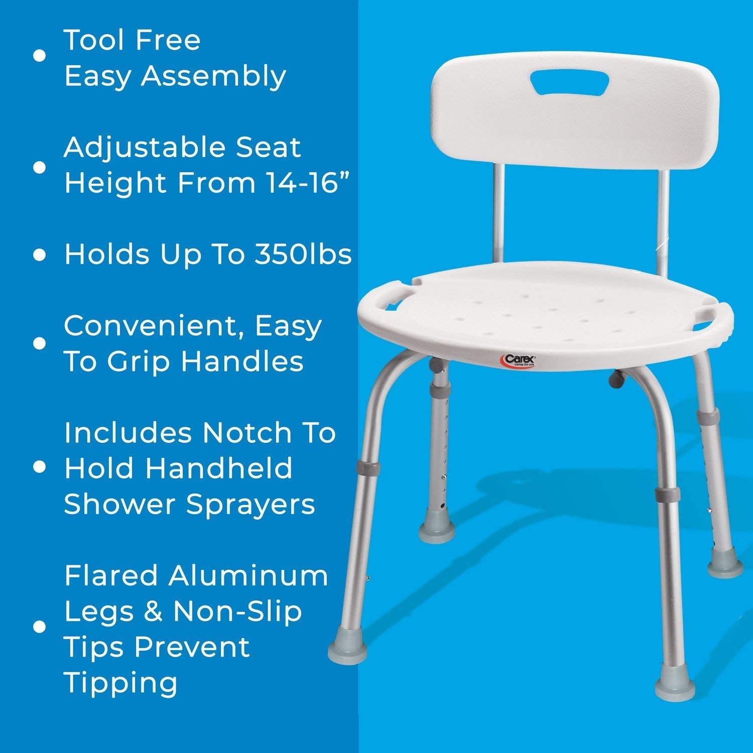 Carex Bath Chair with Back - Heavy Duty Shower Seat for Elderly, Handicap & Disabled Adults - 350lbs Weight Capacity - Easy Assembly White Shower Stool - Ideal for Bathroom Safety & Mobility Assistance