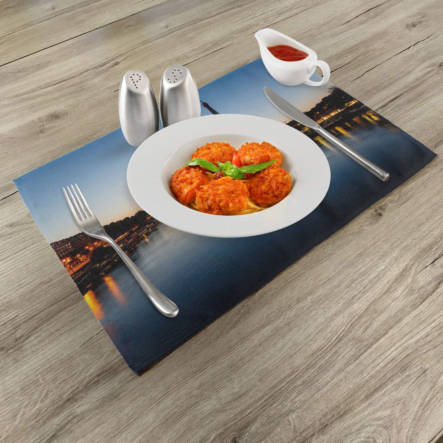 Ambesonne 4-Pack Night Place Mats - Eiffel Tower at Twilight Travel Theme, Washable Fabric Dining Table Decor for Kitchen & Dining Room | Perfect for Dinner Parties, Holiday Gatherings & French-Themed Events (Pale Blue & Yellow)