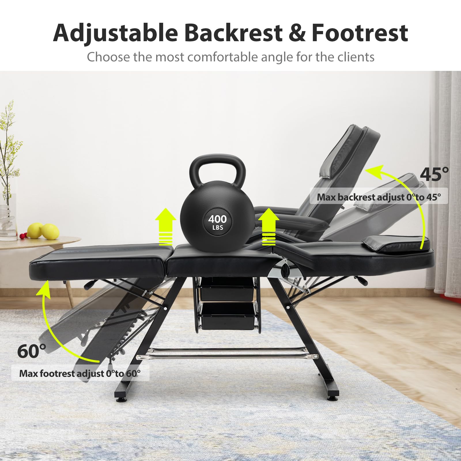 Professional Adjustable Hydraulic Esthetician Bed with 2 Trays - Folding Salon Massage Bed for Facial, Lash & Beauty Treatments - Includes Stool - Perfect for Spa, Clinic & Home Use (Black, Wide)