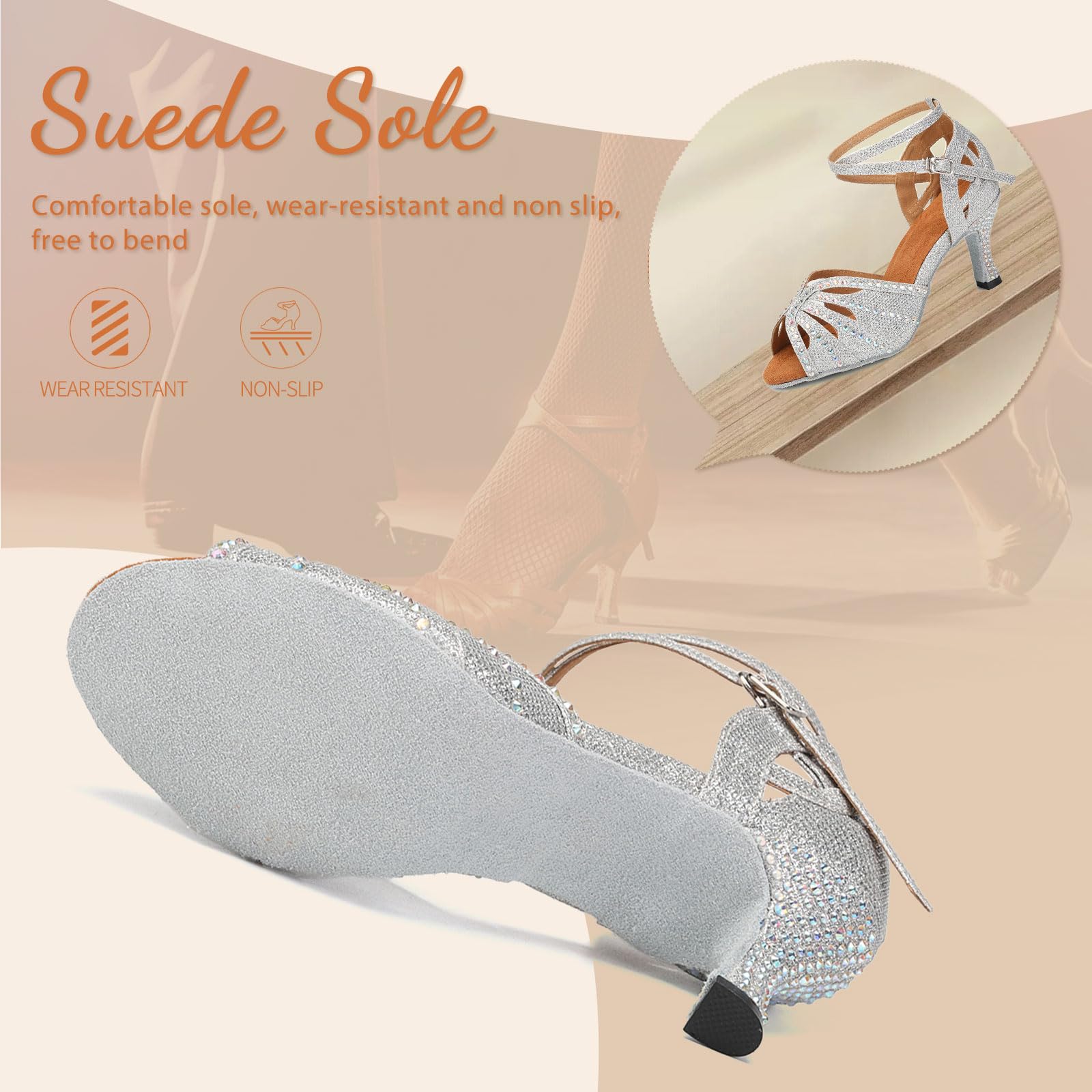 Latin Ballroom Dance Shoes for Women - Rhinestone Salsa Shoes with 3 Inch Heel & Suede Sole | Perfect for Salsa, Bachata, Tango & Ballroom Dancing
