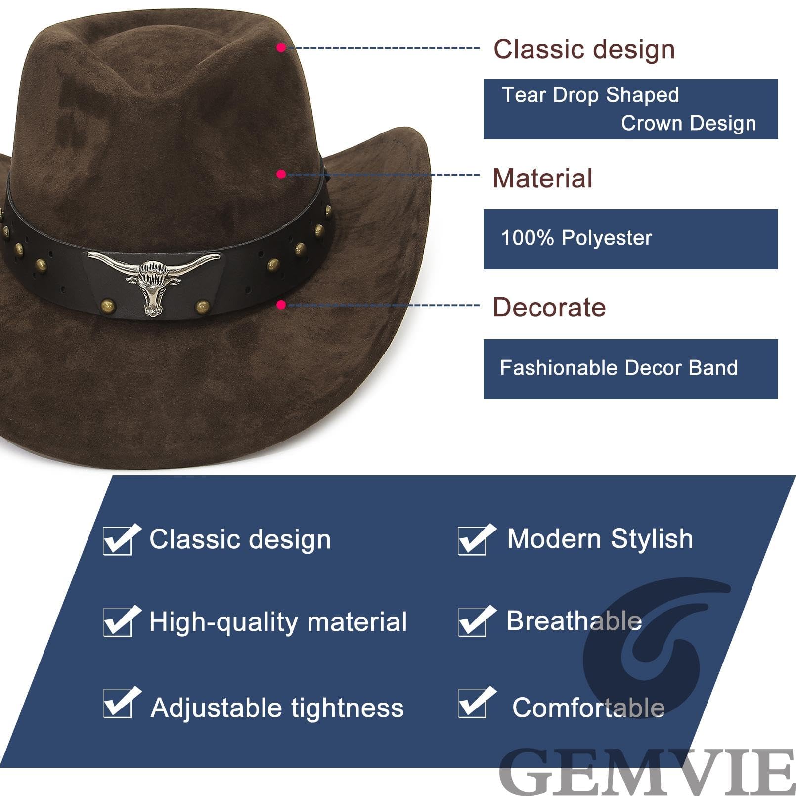GEMVIE Suede Cowboy Hat for Men & Women - Roll Up Brim Western Cowgirl Hat - Classic Country Style Rancher Hat for Rodeo, Music Festivals & Outdoor Adventures