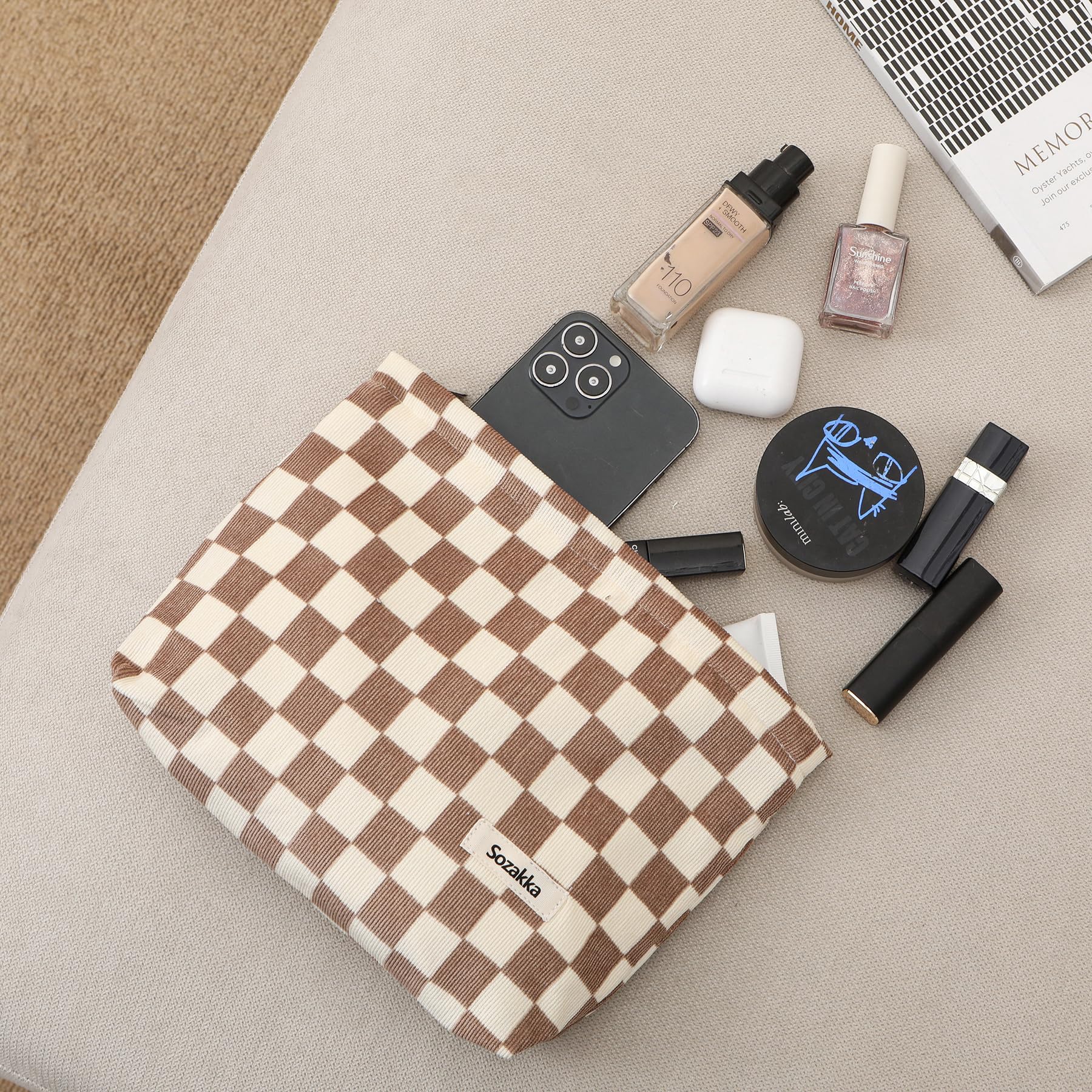 Stylish Canvas Checkered Makeup Bag for Women - Travel Cosmetic Organizer with Zipper, Brown Makeup Pouch for Girls | Perfect for Travel, Gym, and Daily Essentials Storage