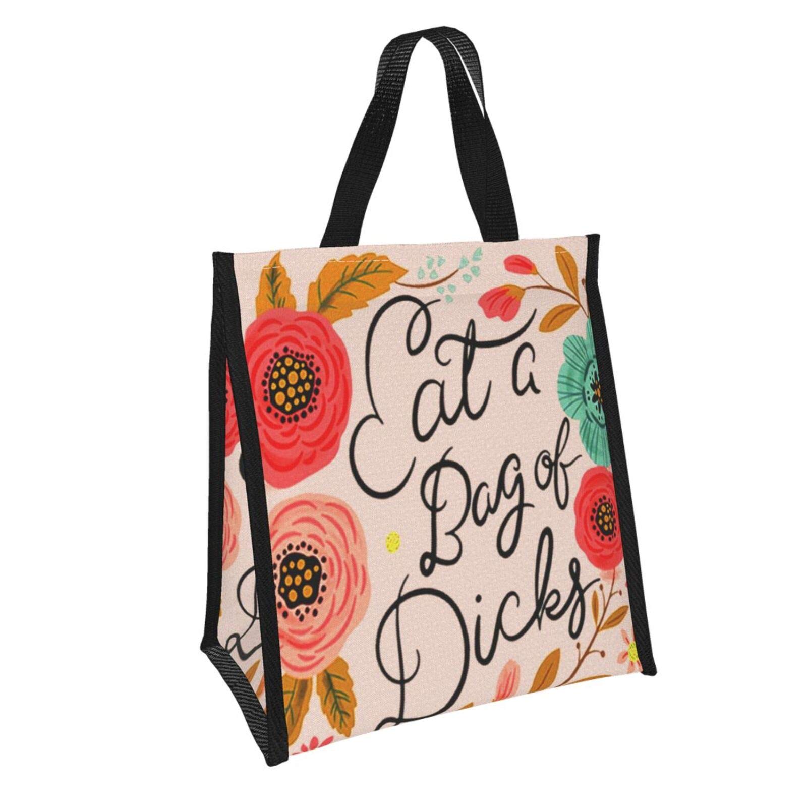 Funny 'Eat A Bag of Dicks' Canvas Tote Bag for Women - Reusable Grocery Shopping Bag with Pockets & Graphic Print - Perfect for Beach, Gym, or Grocery Trips