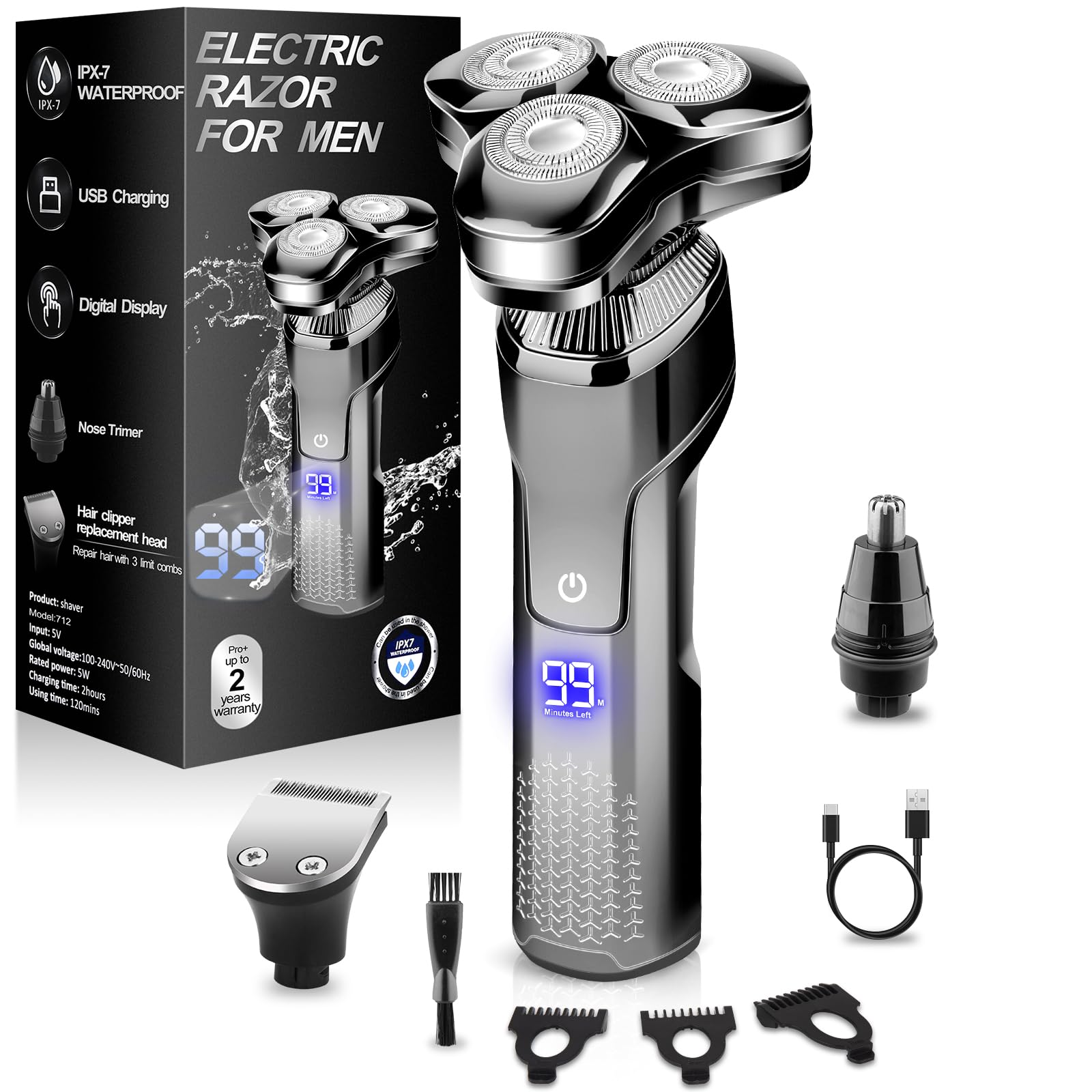 Premium Rotary Electric Razor for Men - Waterproof, Rechargeable with LED Display & Floating Head - Cordless Shaver with Replaceable Blades - Perfect for Travel, Home & Office Use