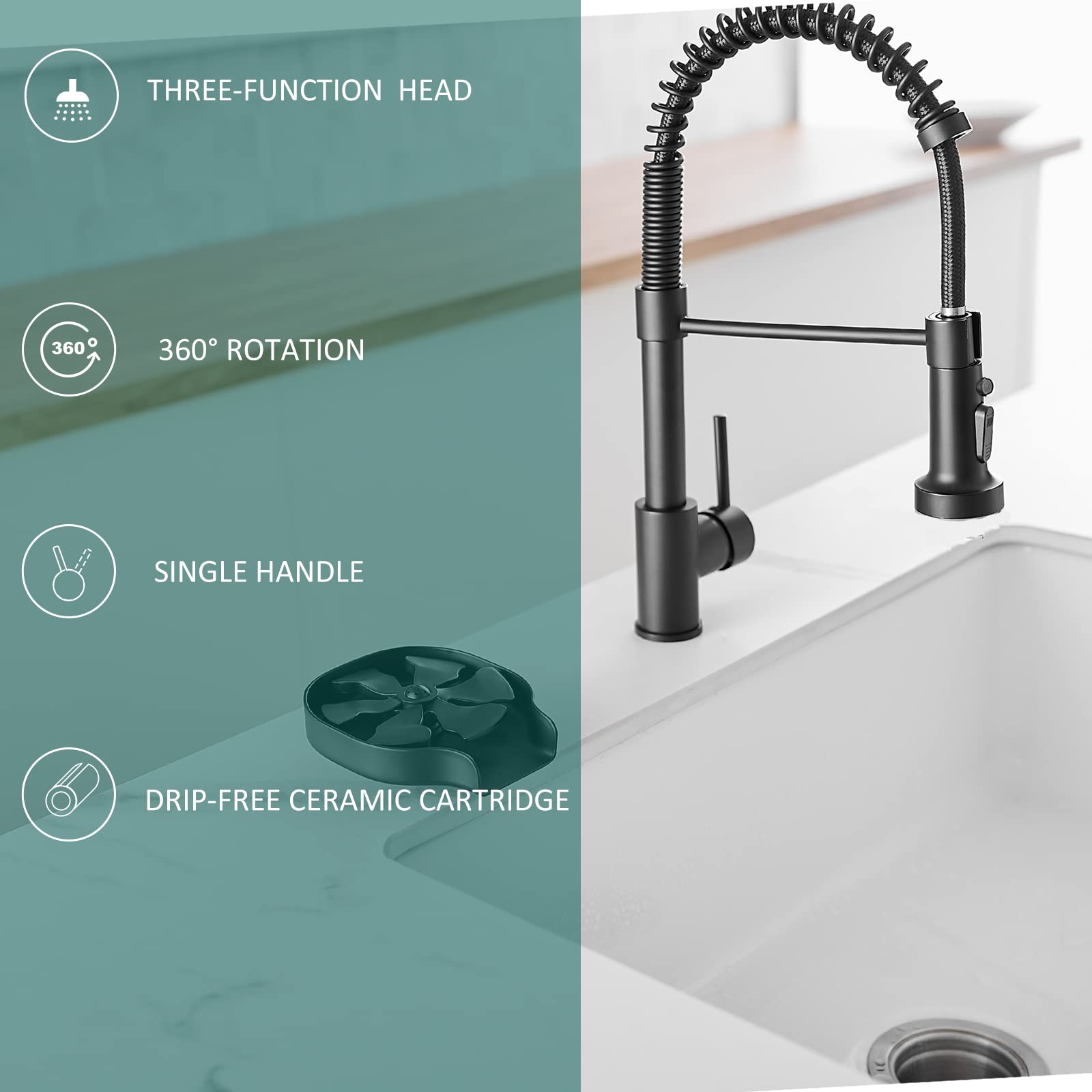 Hoimpro Matte Black Spring Kitchen Faucet with Pull Down Sprayer - 3 Function Single Handle RV Laundry Sink Faucet for RV, Camper, and Tiny Home Kitchen Renovation