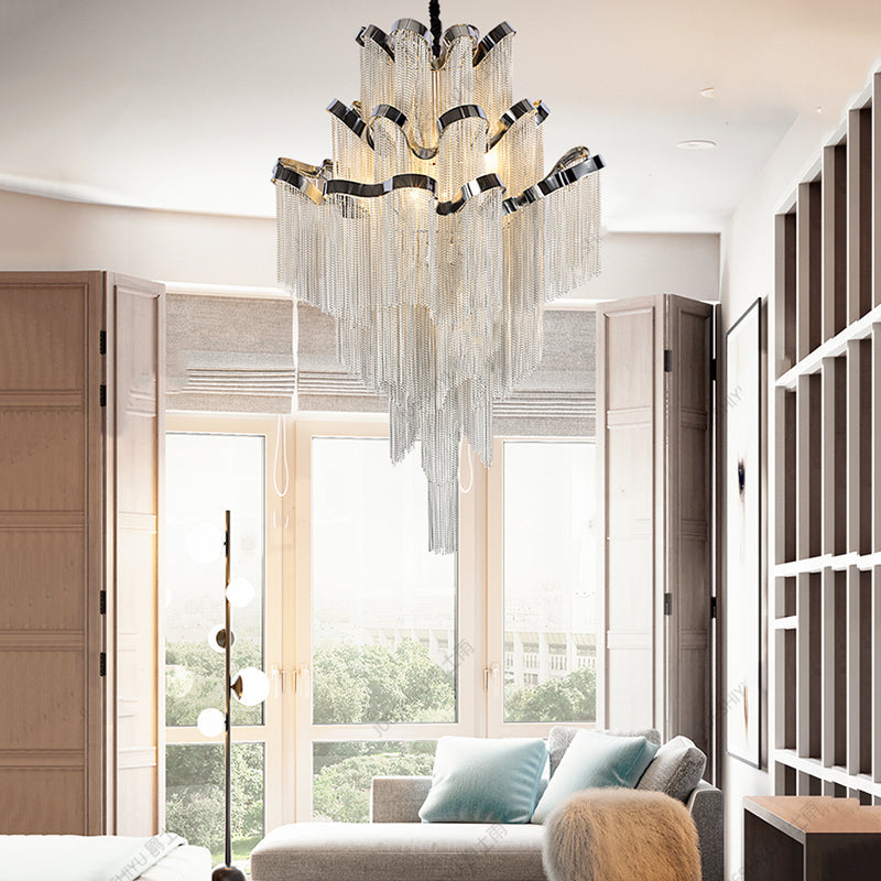 Gladys Aluminum Chain Tassel Stream Chandelier - Modern Crystal Ceiling Light Fixture for Dining Room, Bedroom & Living Room Decor