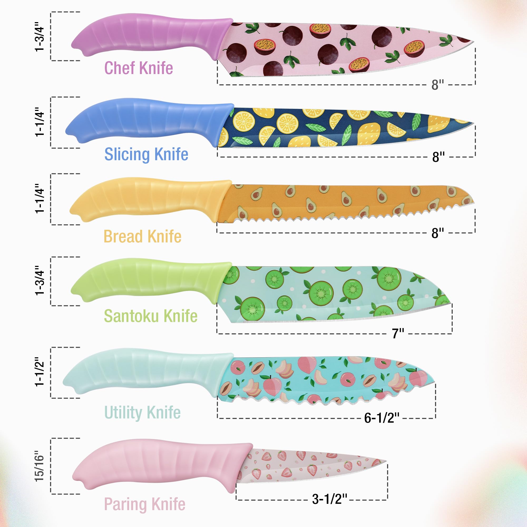 HAUSHOF 12-Piece Colorful Kitchen Knife Set with 6 Sheaths - Non-Stick Coated Stainless Steel Fruit Pattern Blades for Slicing, Dicing & Cutting - Perfect Gift for Dad & Mom - Ideal for Home Cooking, Meal Prep & Fruit Carving