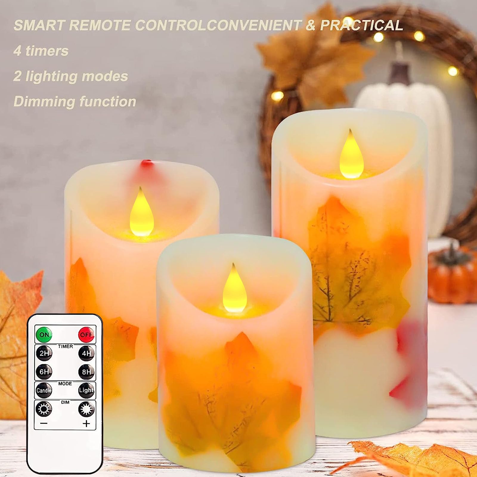 Flameless LED Candles Set of 3 - Maple Leaf Flickering Battery Operated Pillar Candles with Remote Control, Timer & Dimmable Brightness - Perfect for Thanksgiving, Halloween, Fall Harvest Decor, Home Centerpiece, Wedding, Romantic Dinner & Holiday Lighting