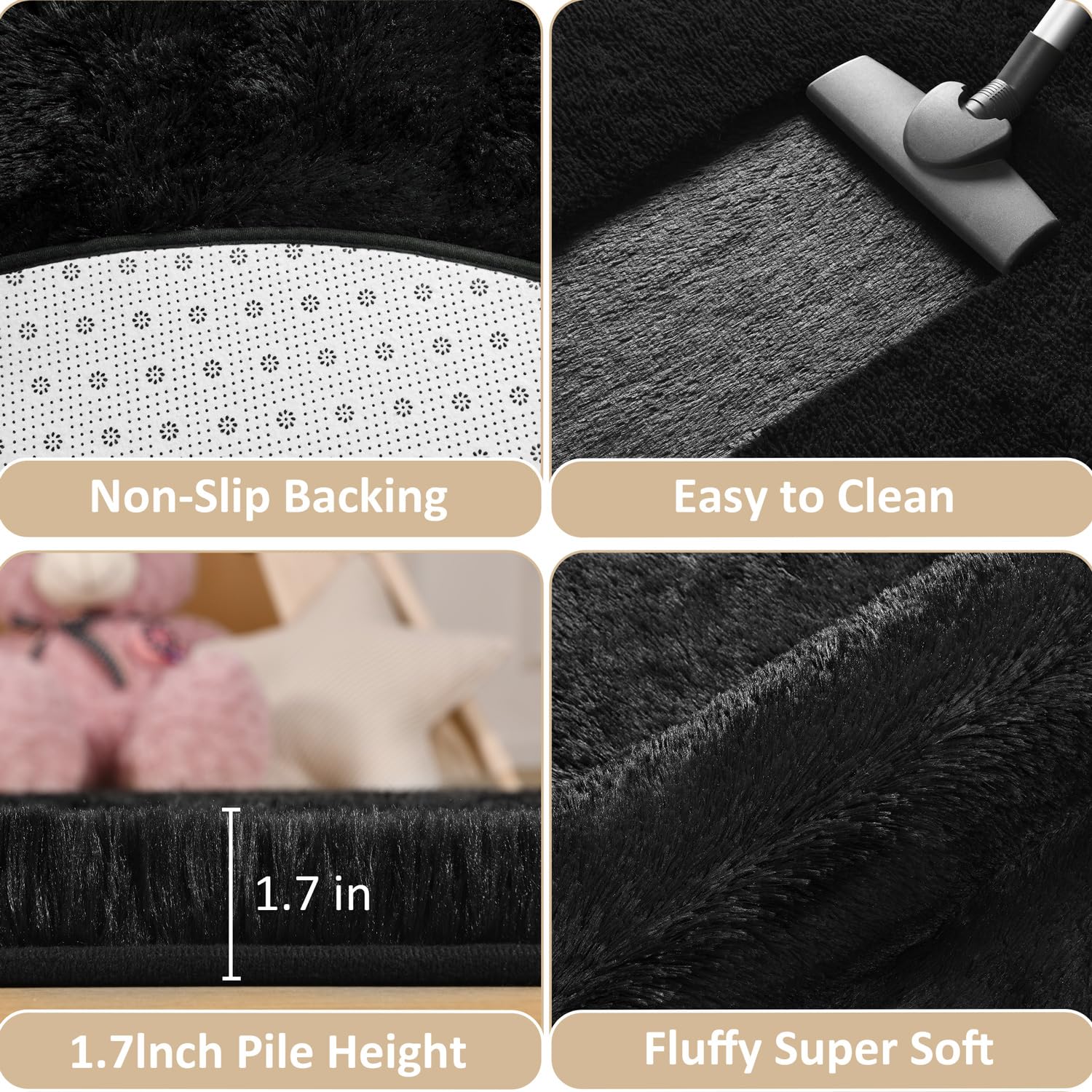 EVOIONOS Black Hexagon Fluffy Shag Rug - Ultra Soft Non-Slip Plush Area Rug for Bedroom, Kids Room & Dorm (4x4.6 Feet) - Perfect Cozy Floor Mat for Girls Room, Living Room Decor and Home Office