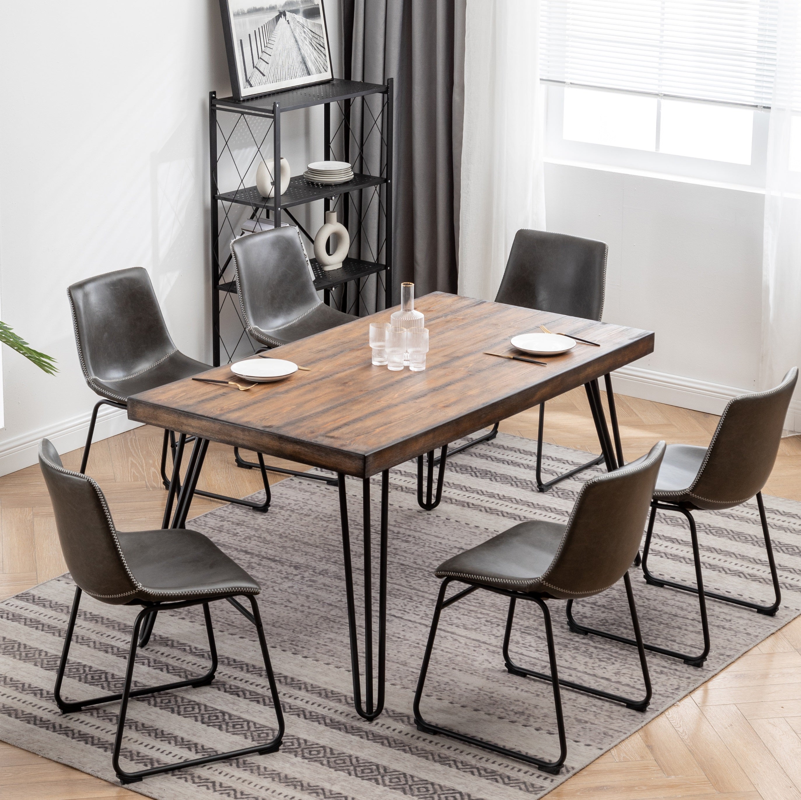 Roundhill Furniture Aryven 7-Piece Industrial Dining Set - Rustic Dark Pine Table & 6 Faux Leather Chairs for Kitchen, Dining Room & Restaurant Decor