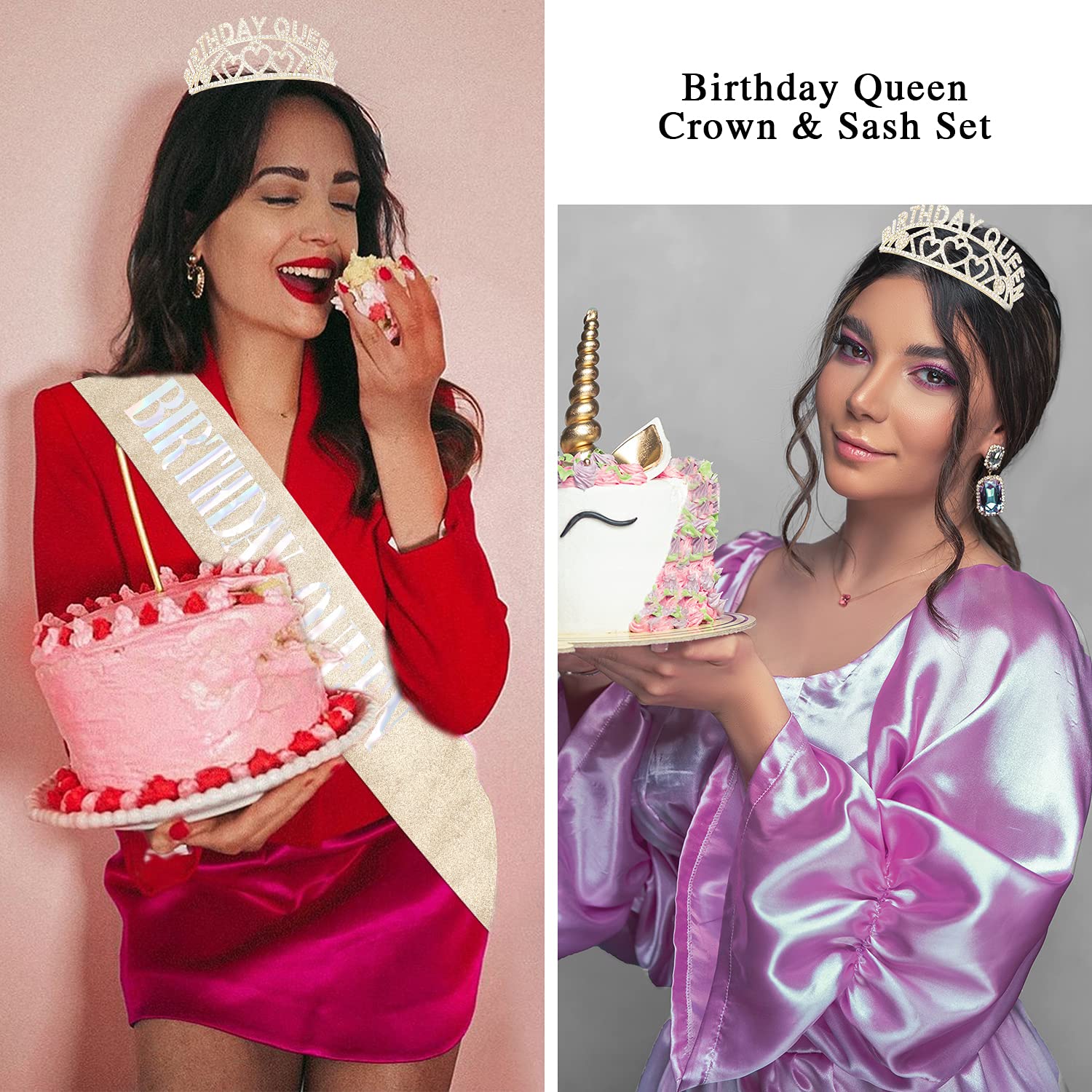 Birthday Queen Crown & Sash Set - Gold Tiara & Birthday Sash for Women & Girls - Perfect for Birthday Parties, Bachelorette Celebrations & Special Occasions