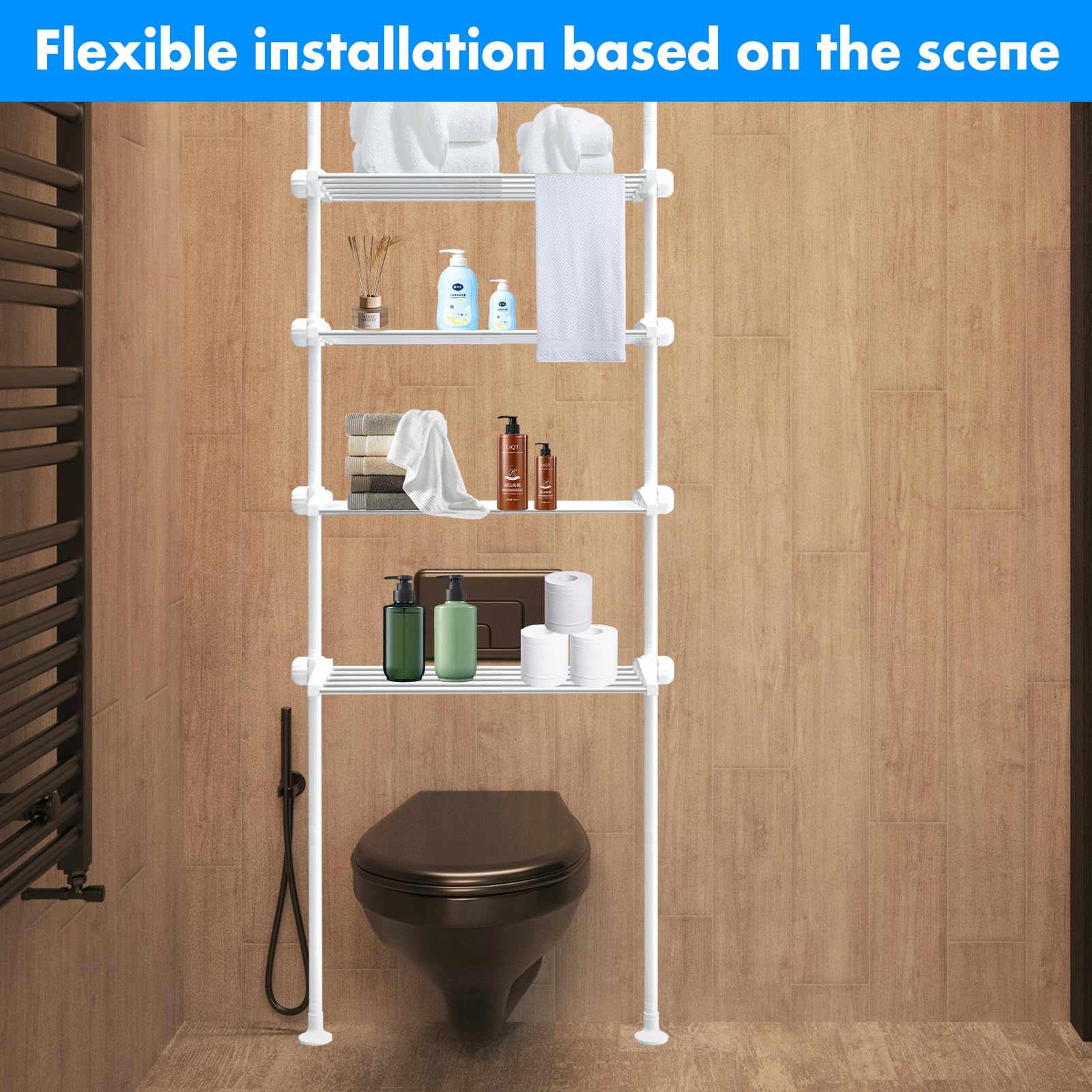 Adjustable Over The Toilet Storage Shelf - 91-124 Inch 4-Tier Bathroom Organizer Rack | Stainless Steel Space Saver for Small Bathrooms | Perfect for Towels, Toiletries & Bathroom Essentials (White)