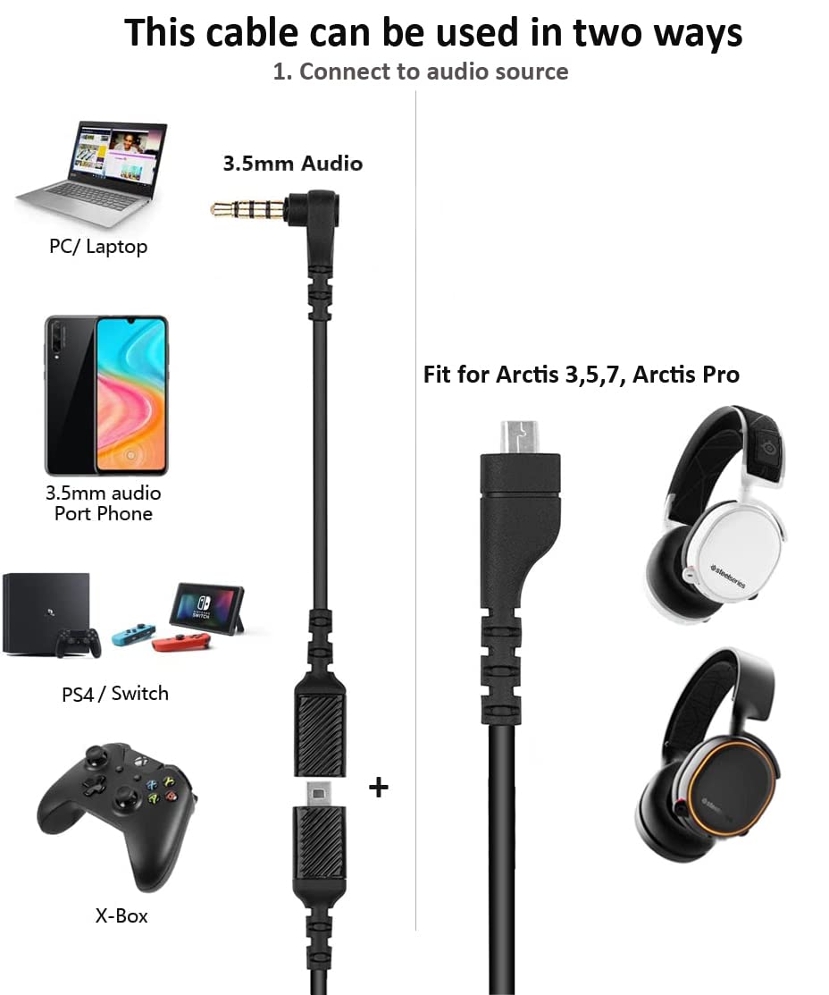 LecLooc Replacement Audio Cable for SteelSeries Arctis 3/5/7/Pro Wireless Gaming Headsets - Compatible with Sound Card ChatMix - Durable Headset Cord for PC, PS4, Xbox Gaming & Streaming