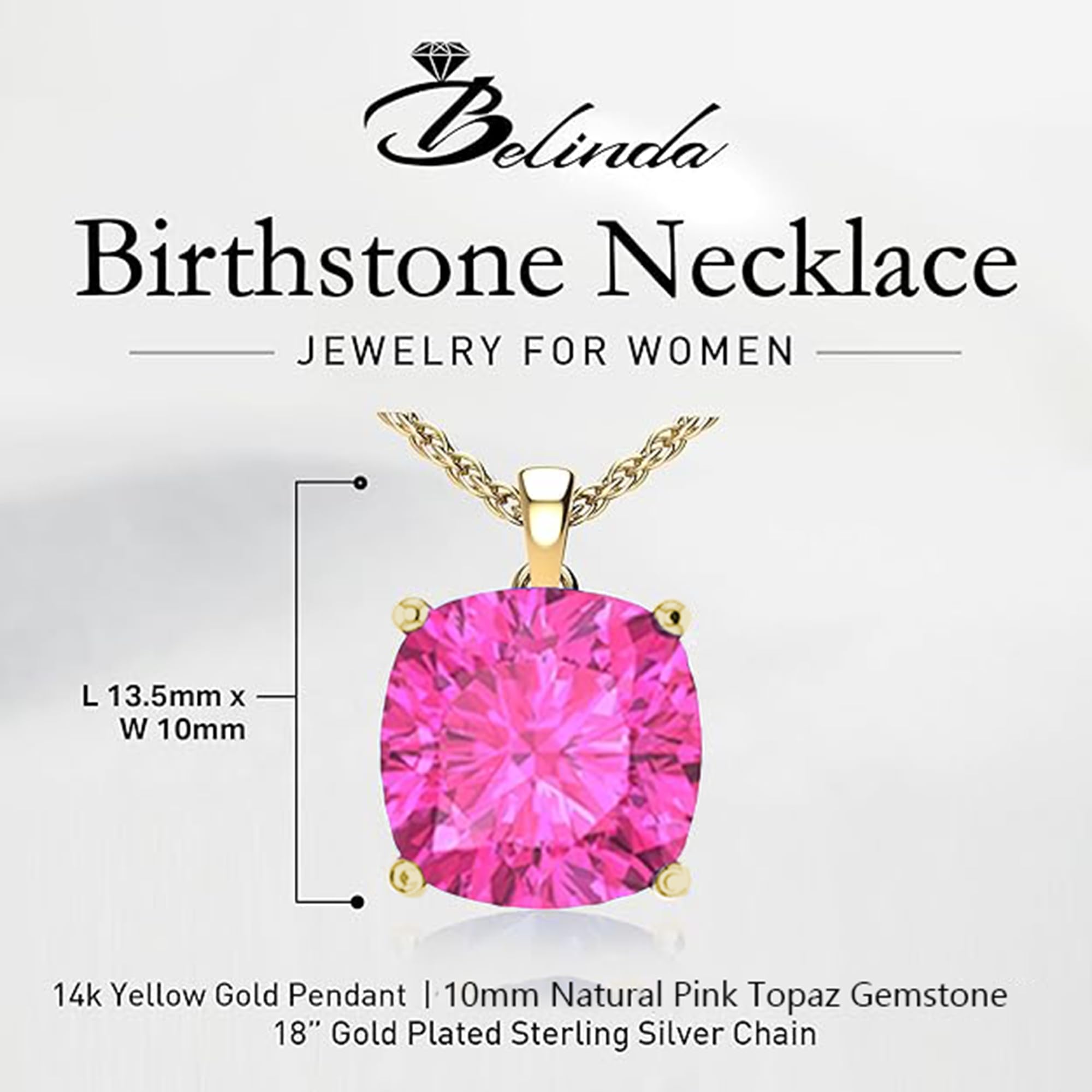 14K White & Yellow Gold Birthstone Pendant Necklace for Women - Sparkling Cushion Cut Gemstone with Sterling Silver Chain - Elegant Fine Jewelry Gift for Birthday, Anniversary & Special Occasions