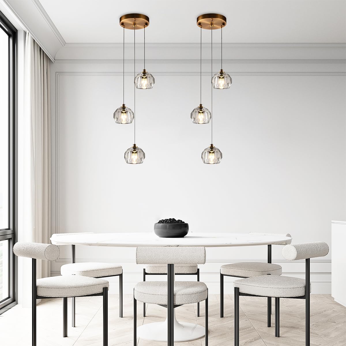 3-Light Cut Pendant Light Fixtures - 9W Brass LED Ceiling Pendant Lighting with Clear Prism Crystal - Modern Hanging Lamps for Kitchen Island, Dining Room, Bar, Living Room & Bedroom Decor