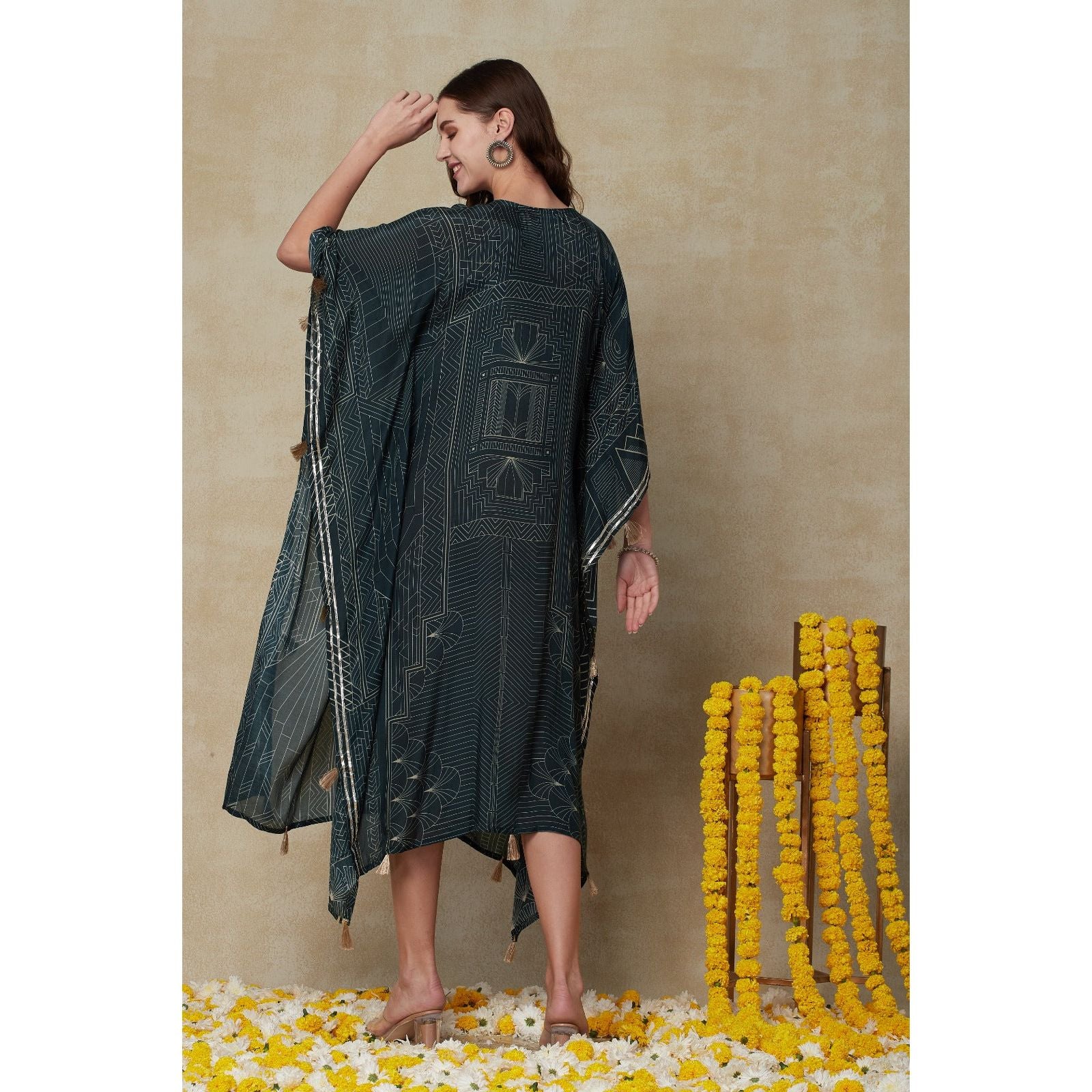 Elegant Dark Green Kaftan Dress with Yolk Embroidery - Boho Chic Loose Maxi Dress for Beach, Vacation & Summer Outfits