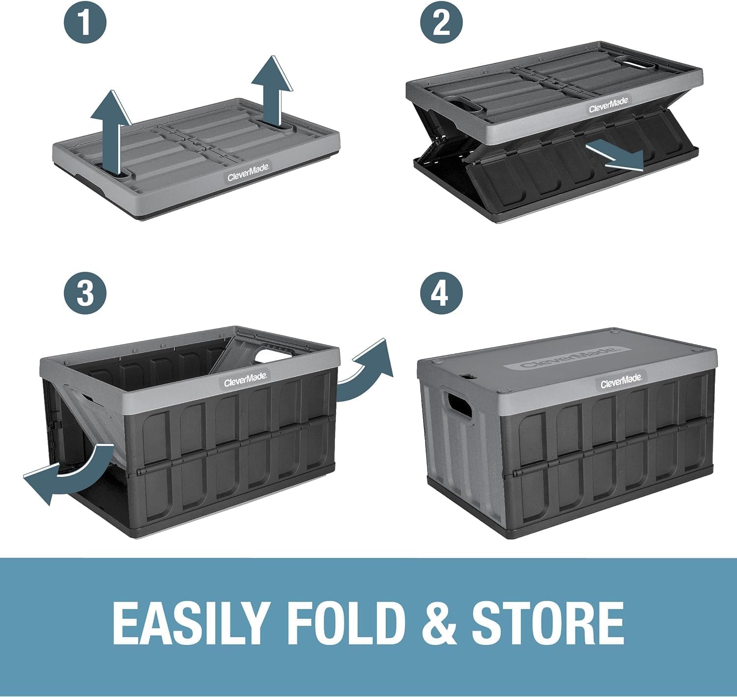 CleverMade Collapsible Storage Bins with Lids - 3 Pack 62L Stackable Plastic Containers for Home Organization | Space-Saving Closet & Garage Storage Bins | Durable Collapsible Crates for Toys, Clothes & Seasonal Items