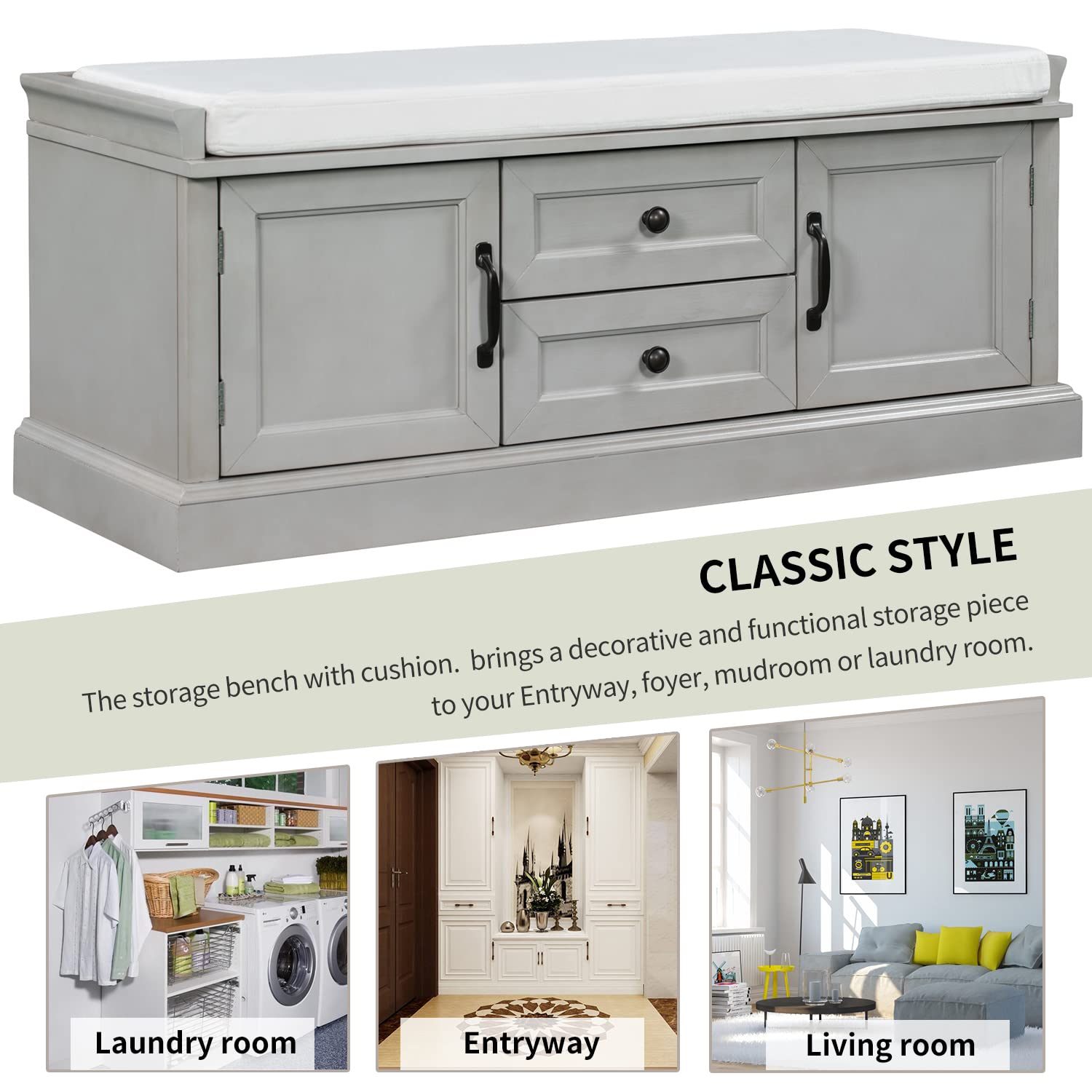 Rustic Wood Storage Bench with 2 Cabinets & 2 Drawers - Entryway Shoe Bench with Removable Cushion for Bedroom, Hallway, Living Room - Easy Assembly Required | Perfect for Organizing Shoes, Hats & Home Decor in Small Spaces