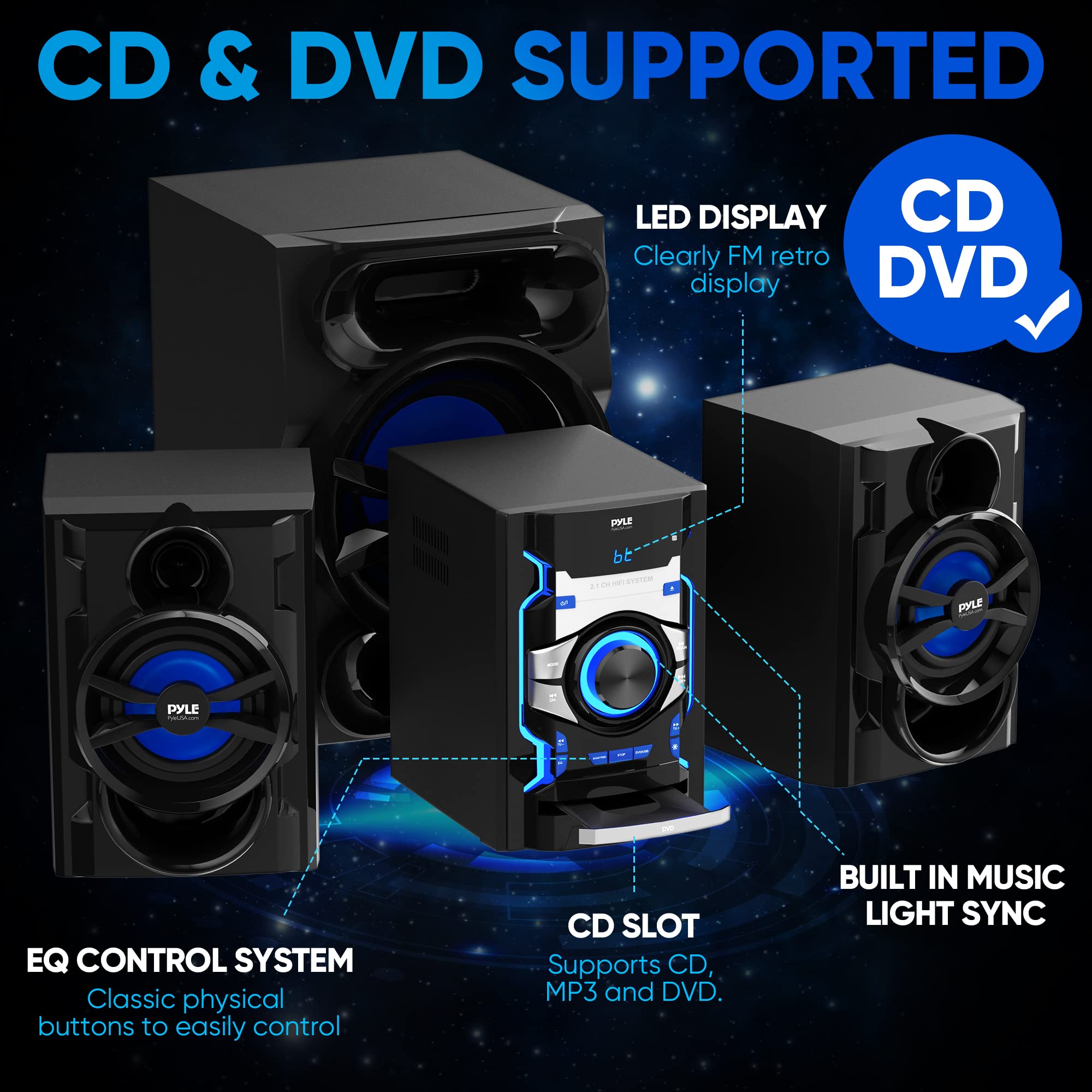 Pyle 3-Piece Wireless Bluetooth Stereo System - 1000W Home DVD Shelf System with DVD Player, MP3, USB, FM Radio, Bass Reflex Speakers & Remote - Compact Portable Audio for Living Room, Bedroom & Parties (PHSKR14.5)