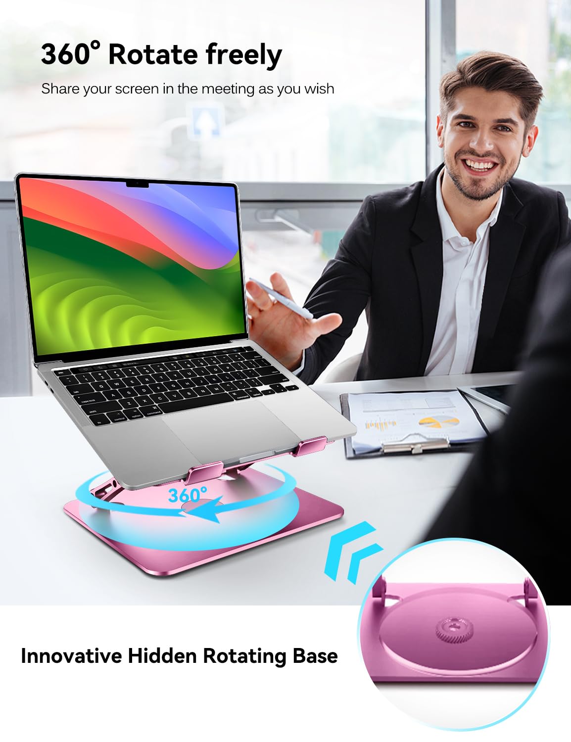 iVoler Adjustable & Foldable Laptop Stand with 360° Rotating Base - Ergonomic Portable Laptop Riser for MacBook, Dell, HP Up to 16 inches - Perfect for Office, Home & Travel Workspaces [Pink]