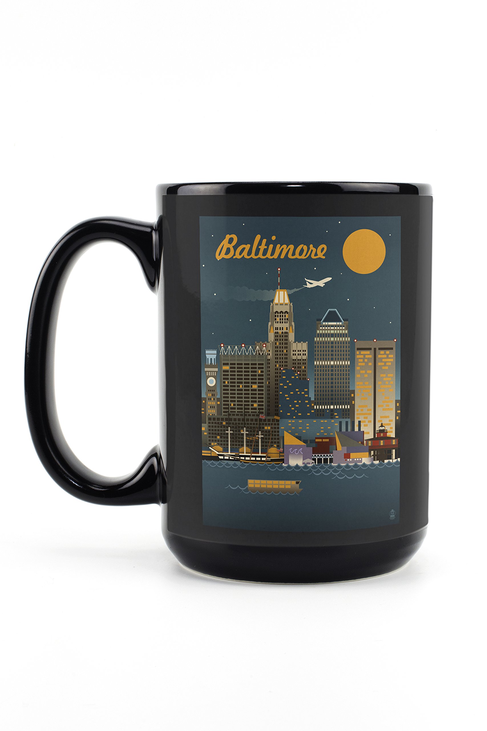 Lantern Press Baltimore Maryland Retro Skyline 15oz Black Ceramic Coffee Mug - Microwave & Dishwasher Safe - Perfect for Home, Office & Gifts