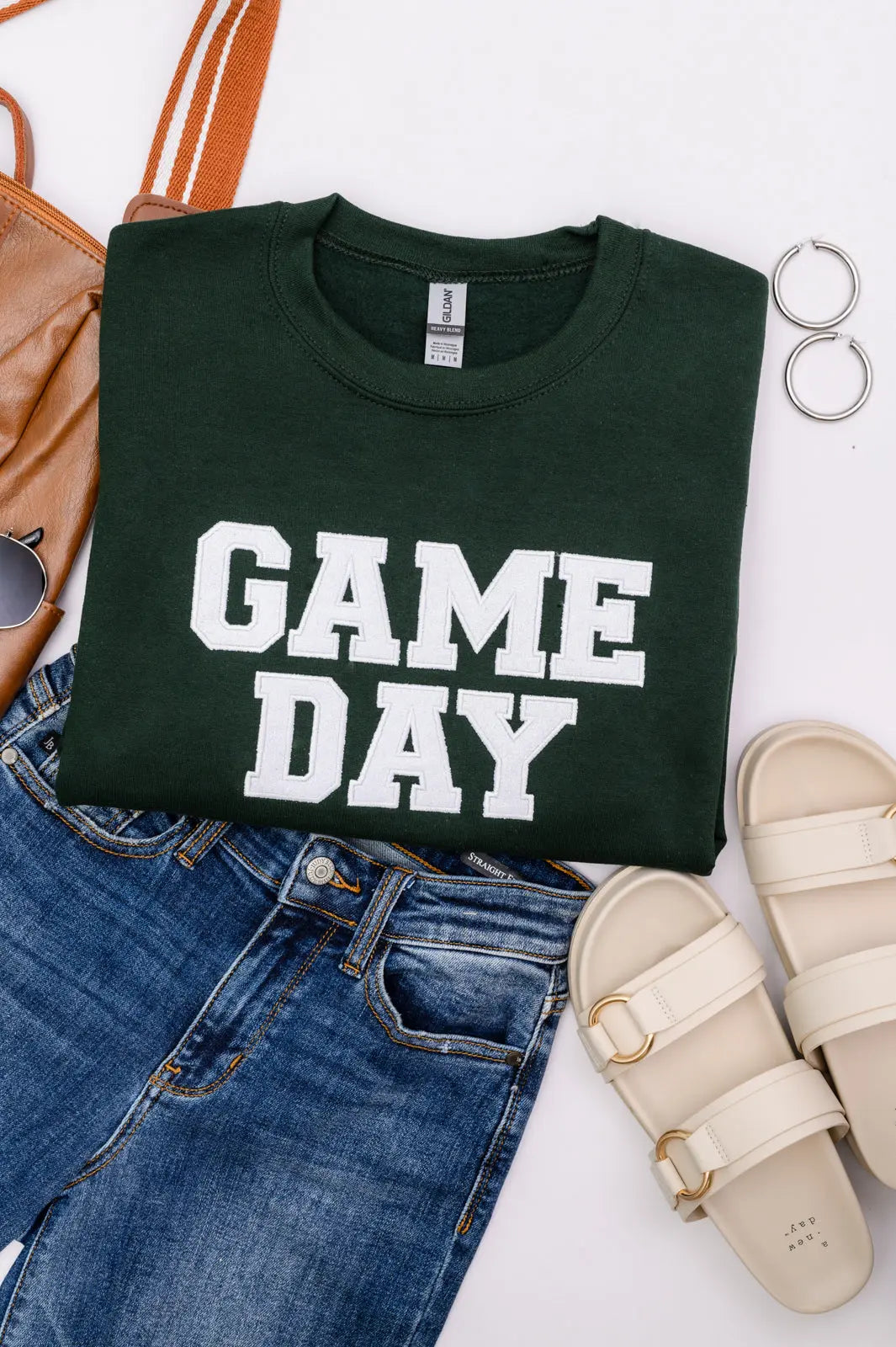 PREORDER: Embroidered Glitter Game Day Sweatshirt - Forest Green & White | Perfect for Football, Basketball & Tailgate Parties