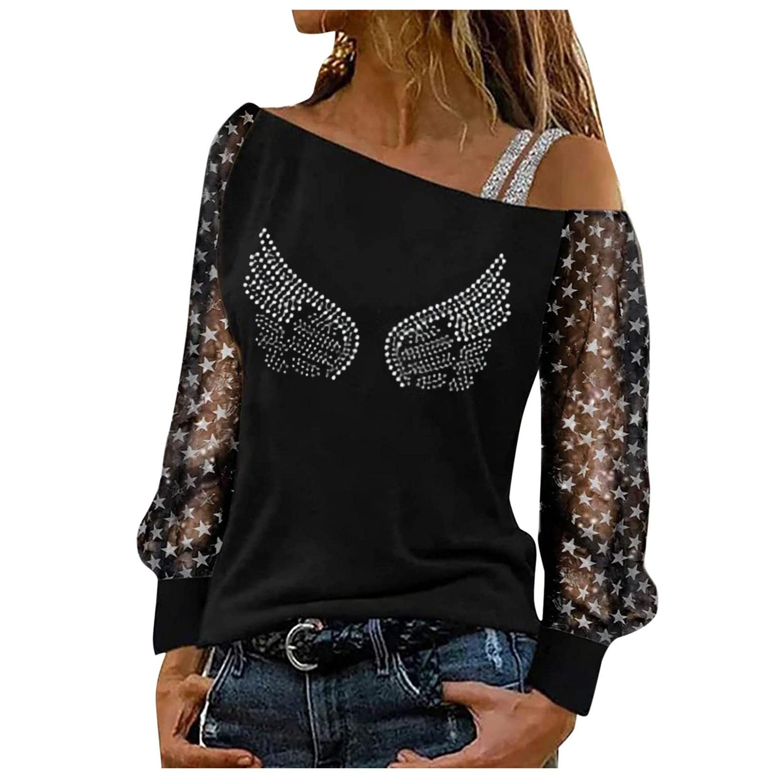 Sexy Cold Shoulder Lace Long Sleeve Blouse for Women - Floral Print Fashion Tunic Top for Party, Date Night & Casual Wear