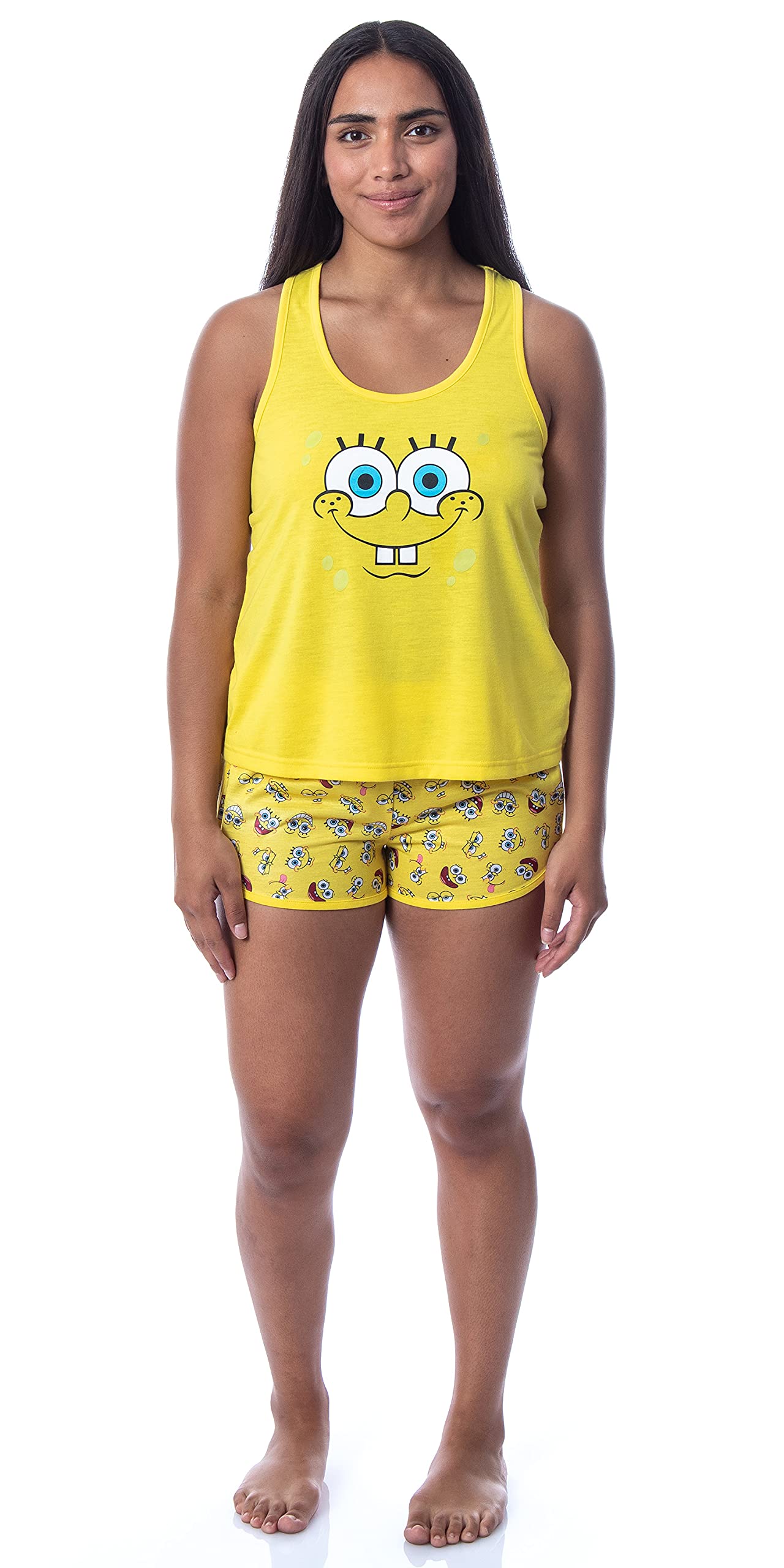 SpongeBob SquarePants Women's Face Print Tank Top & Shorts Pajama Set - Nickelodeon Cartoon Character Sleepwear for Lounge, Sleepovers & Cosplay