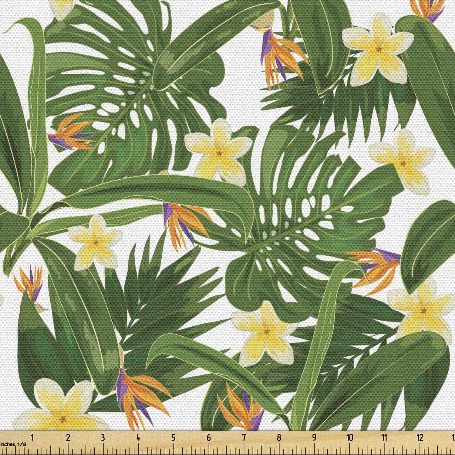Ambesonne Tropical Fabric by The Yard - Monstera Palm Leaves, Hibiscus Flowers & Strelitzia Pattern on White Olive Green Plain Backdrop - Decorative Upholstery Fabric for Sofa, Curtains, Pillows & Home Decor (1 Yard) | Perfect for Boho, Coastal & Tropical Interior Design