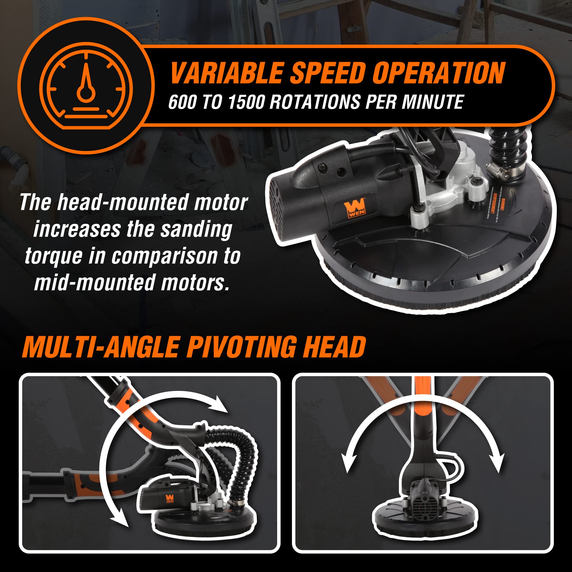 WEN 6369 5 Amp Variable Speed Drywall Sander with Dust Extraction - Includes 240-Grit Sandpaper for Smooth Wall Finishing | Perfect for Home Renovation, Drywall Repair & Professional Construction Projects