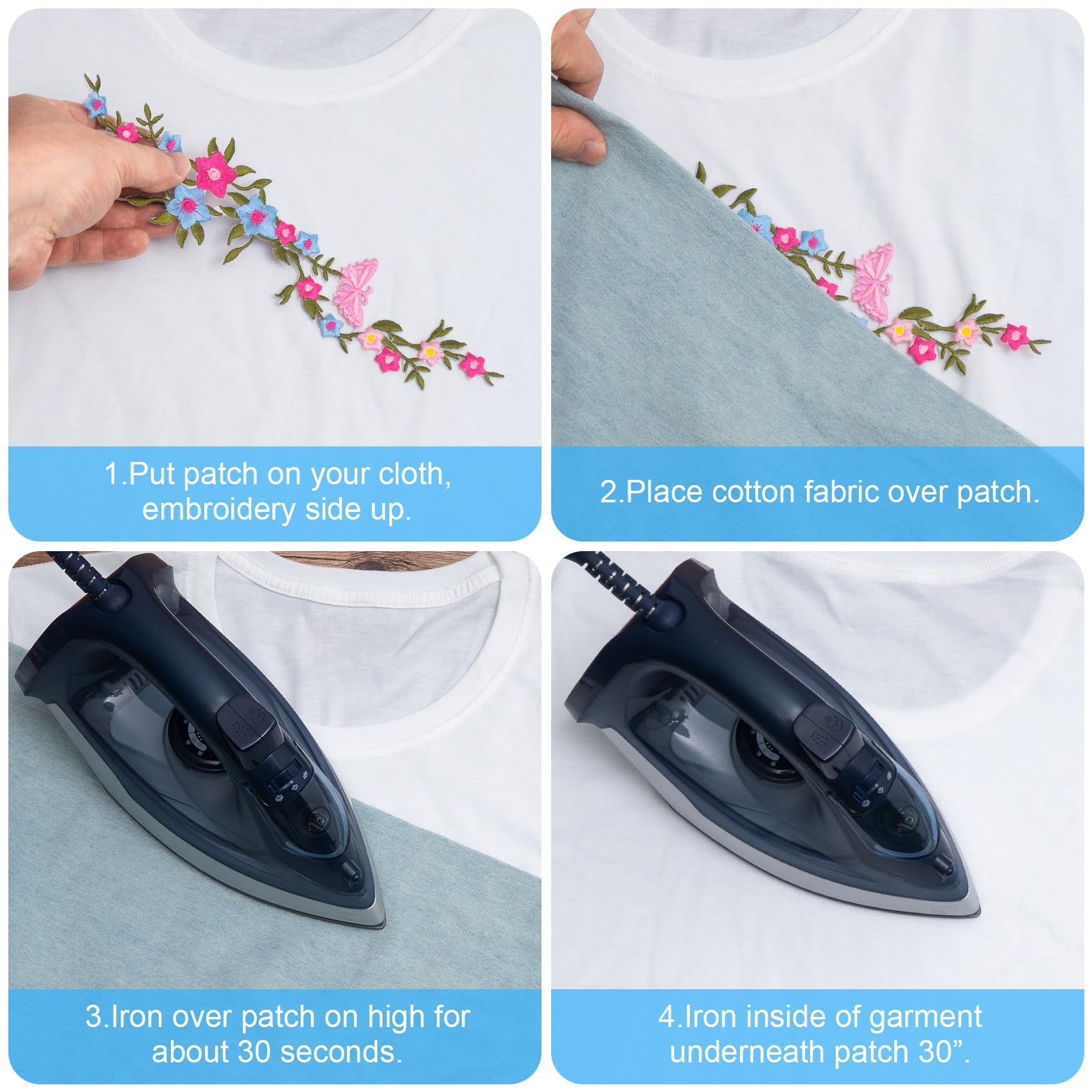 CHANZET 4pcs Butterfly Flower Iron On Patches - Embroidered Floral Applique for Clothes, Dresses & DIY Crafts | Perfect for Jackets, Jeans, Bags & Home Decor