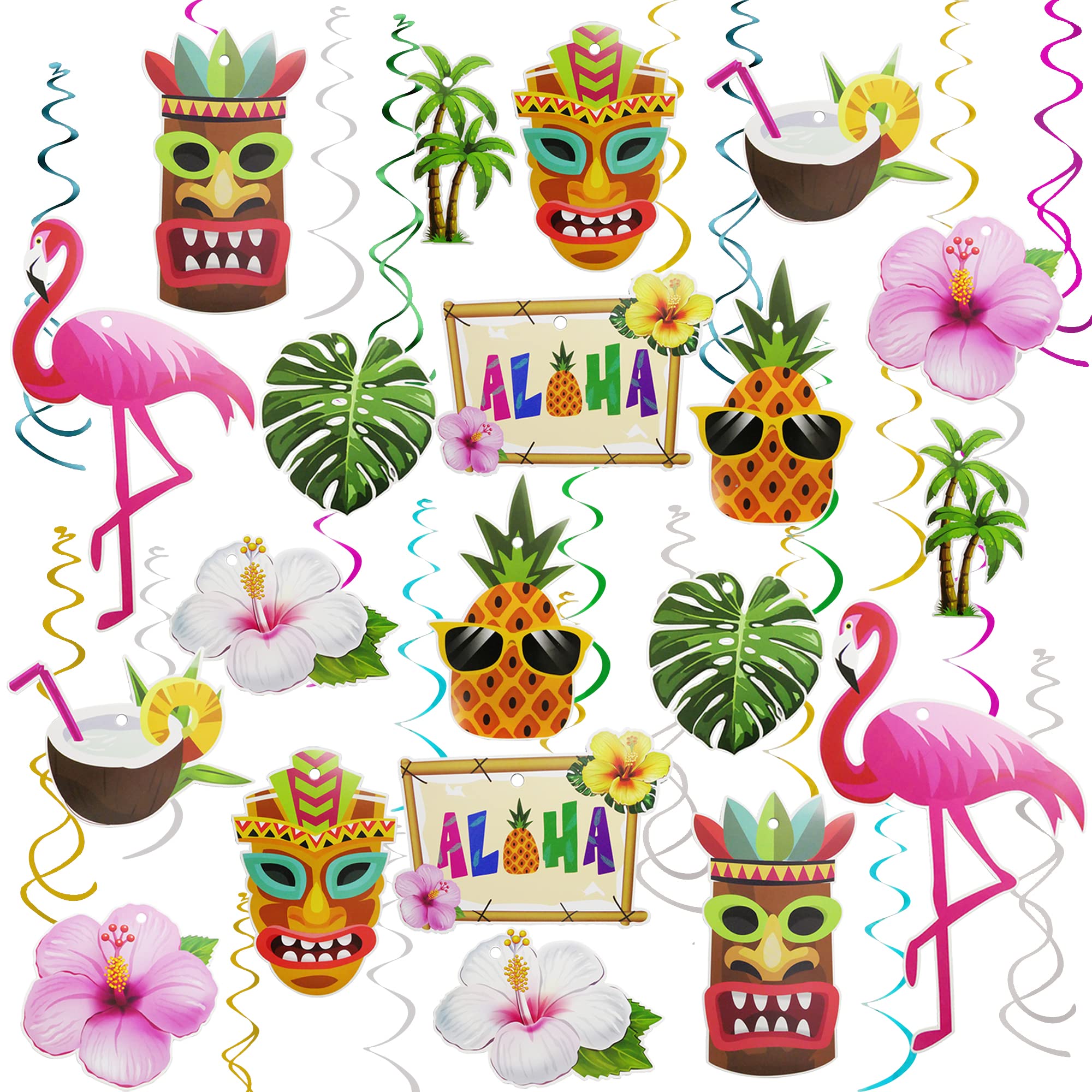 30-Piece Hawaiian Luau Party Hanging Decorations Set - Tropical Aloha Ceiling Swirls for Summer Beach Birthday, Luau, Pool Party & Tropical Themed Events