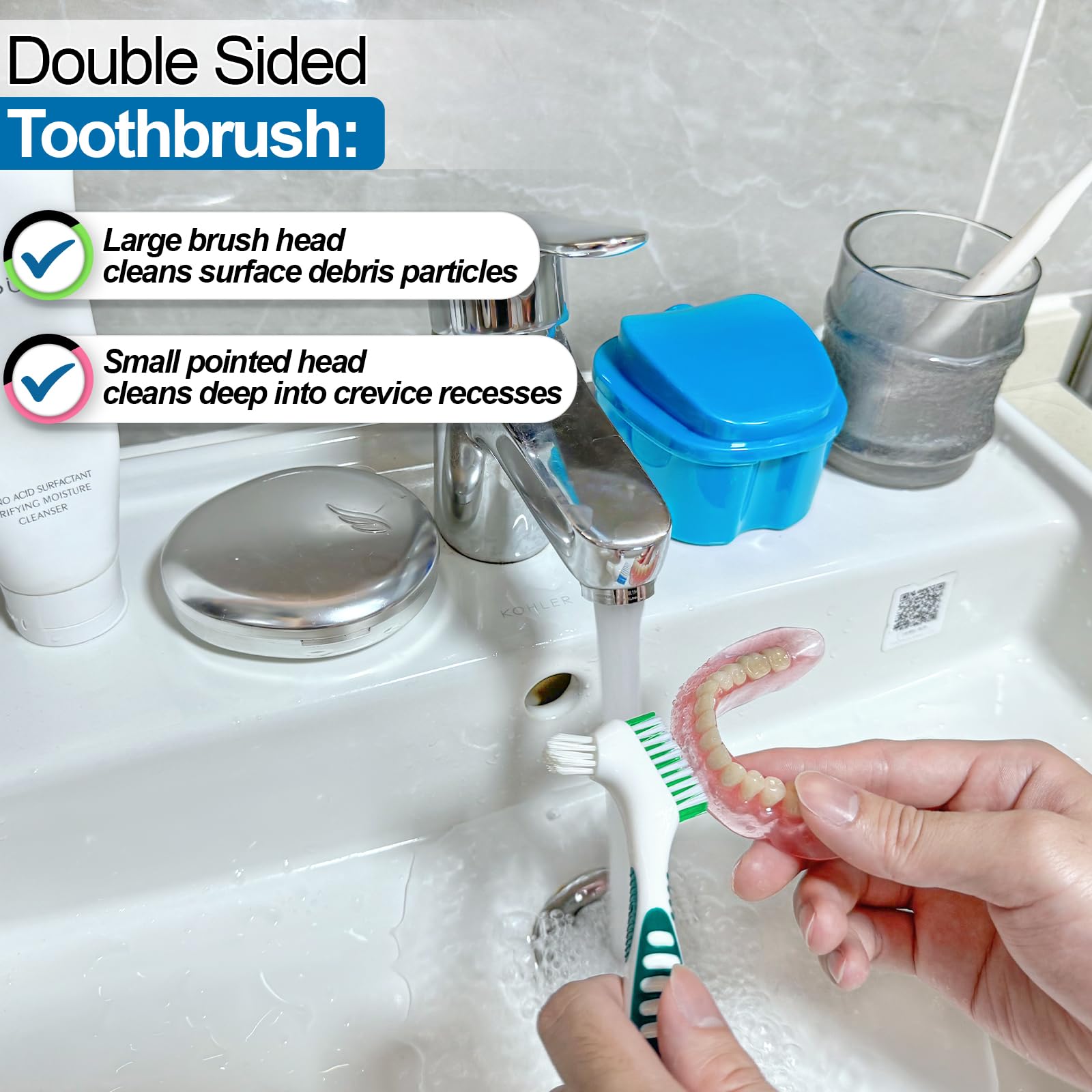 2 Pack Denture Cup with Strainer Basket - Purple and Blue | Denture Bath Holder, Retainer Cleaner Case, False Teeth Container | Perfect for Travel, Home & Daily Dental Care