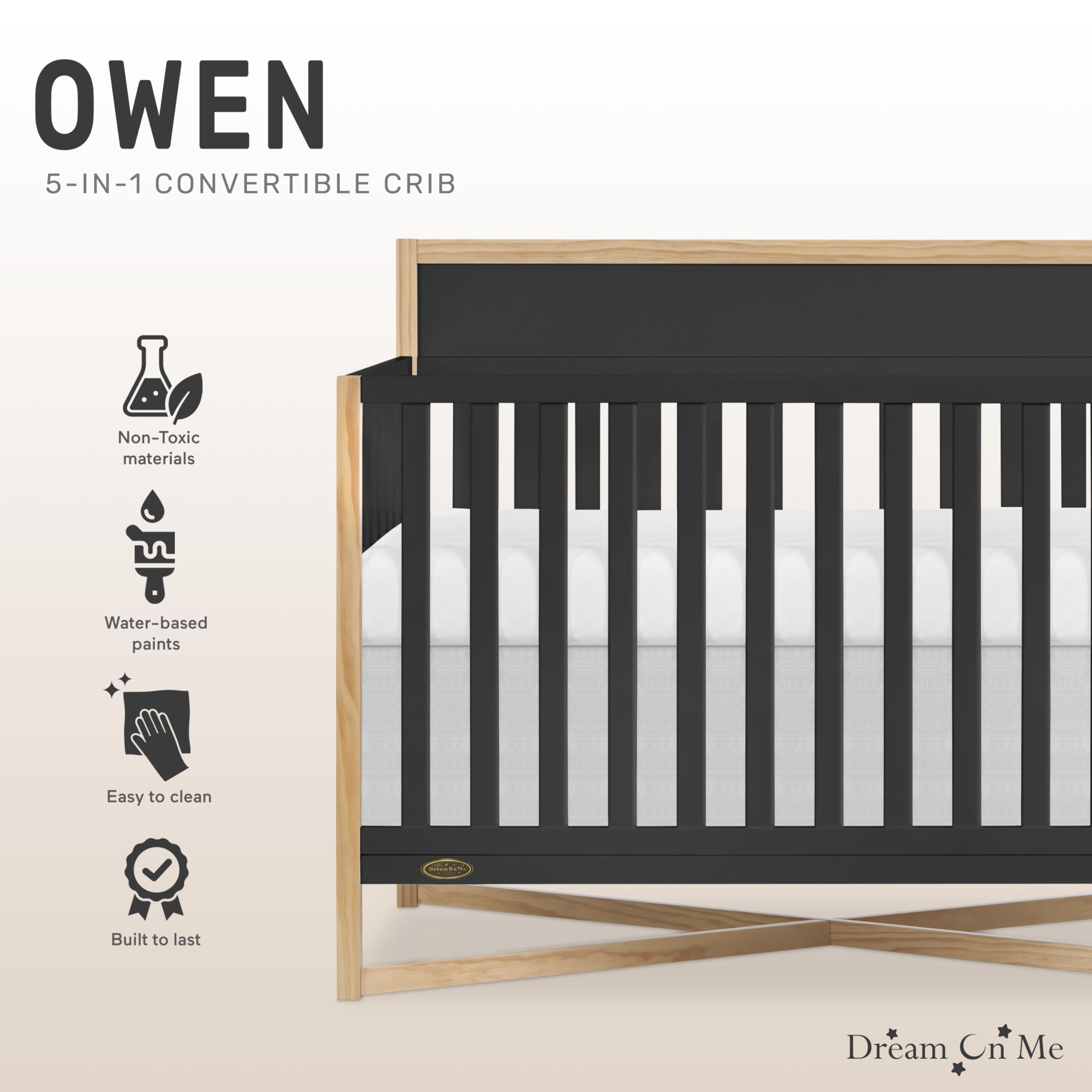 Dream On Me Owen 5-in-1 Convertible Crib - Matte Black | Greenguard Gold & JPMA Certified | Converts to Toddler Bed, Day Bed, Kids Sofa & Full Size Bed | Safe Nursery Furniture for Baby & Toddler Rooms