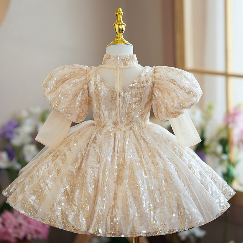 Sparkly Champagne Sequin Flower Girl Dress with Puff Sleeves & Turtle Neck - Perfect for Weddings, Pageants & Special Occasions