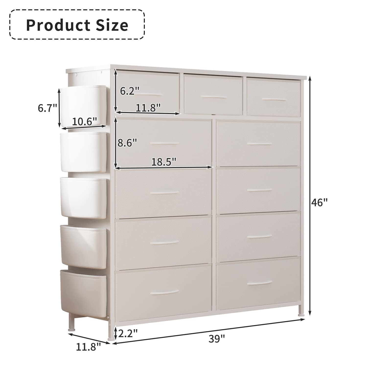 11-Drawer Dresser for Bedroom with Side Pockets & Hooks - Wood Top Steel Frame Fabric Storage Organizer with Pull Handles | Perfect for Closet Organization & Small Space Bedroom Storage