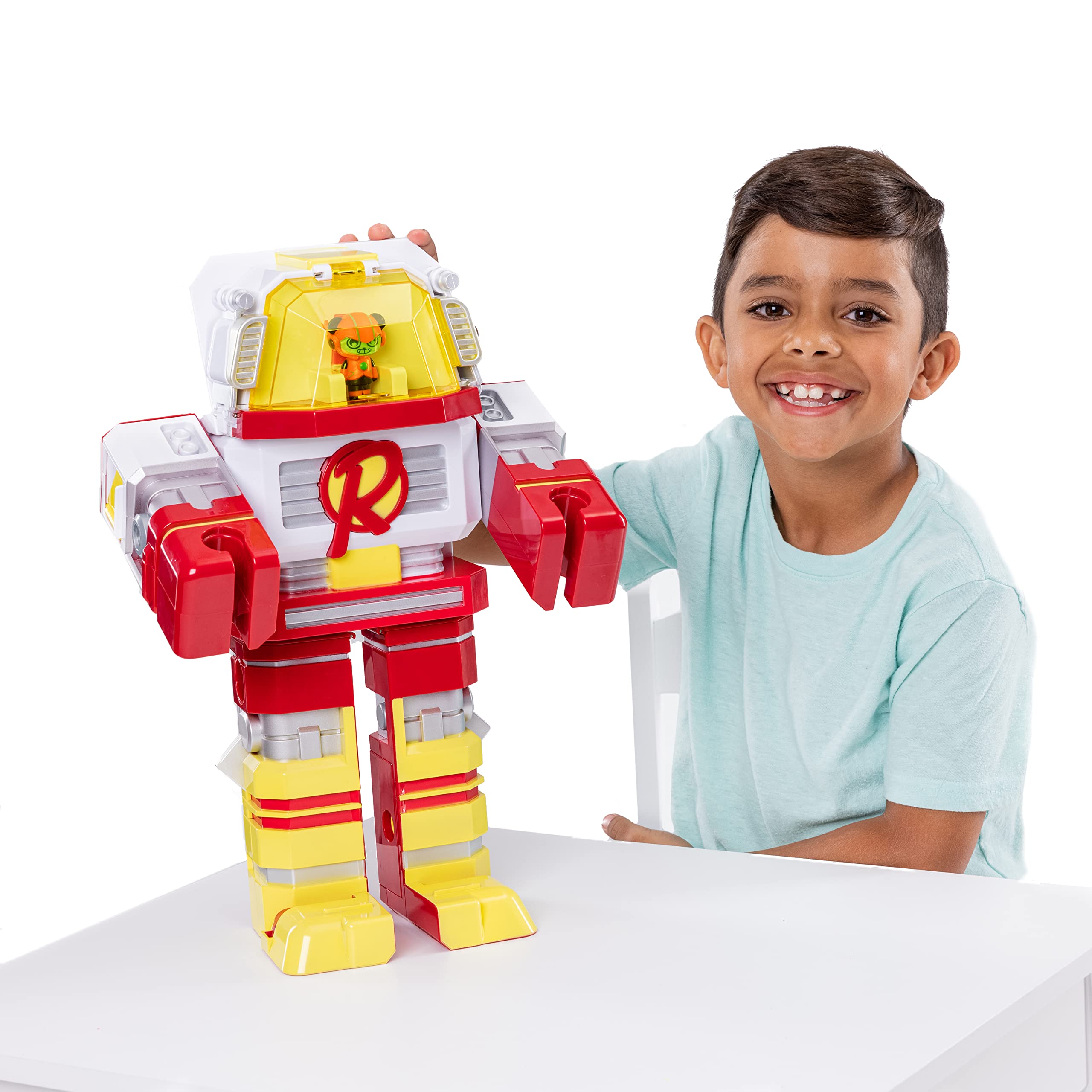 Ryan's World Mega Mecha Titan Robot - Transforming Chest to Red Titan Robot | 5 Micro Figures, Spinner, Wearable Eye Mask & Cape, Stickers Included | Perfect for Kids' Playtime, Birthday Gifts & Action Figure Collectors