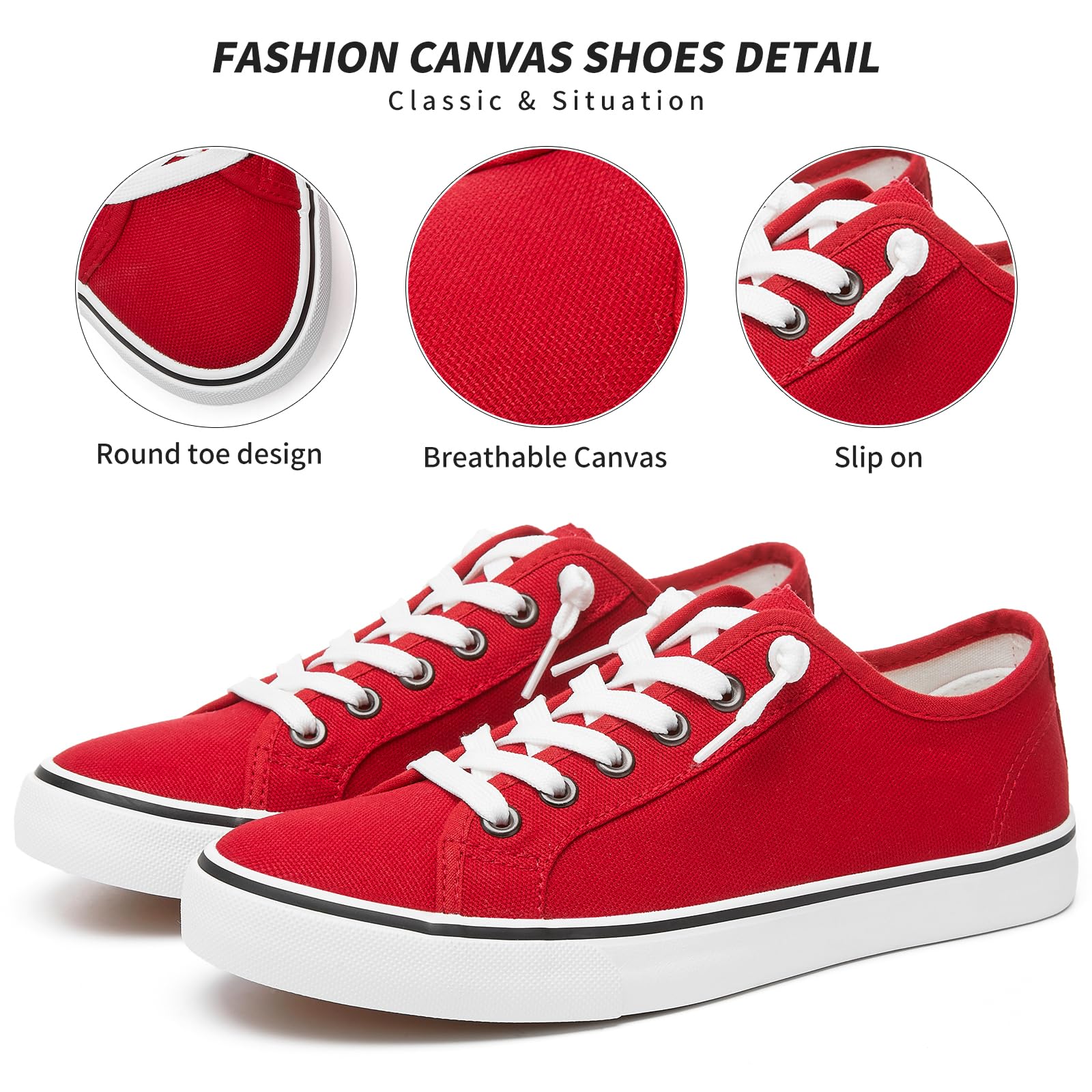 Women's Slip-On Canvas Sneakers - Non-Slip Casual Loafers with Lace-Up Design | Comfortable Low-Top White & Black Fashion Shoes for Walking, Travel & Everyday Wear