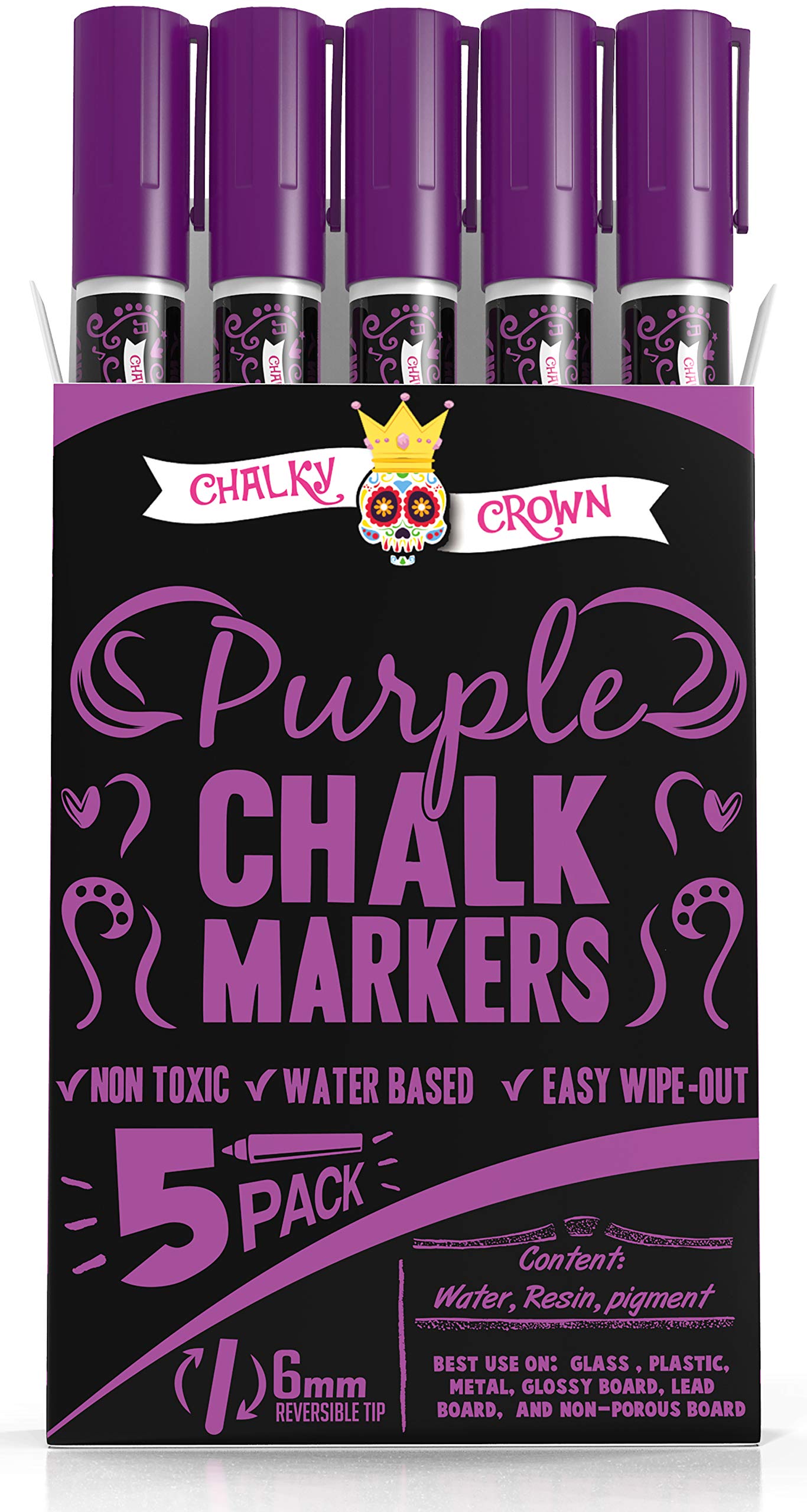 CHALKY CROWN Liquid Chalk Markers - 6mm Reversible Tip Dry Erase Markers for Chalkboard, Blackboard, Windows, Glass & Mirror Writing - Non-Toxic Washable Markers (5 Pack, Purple) - Perfect for Restaurants, Cafes, Retail Signs & DIY Home Decor