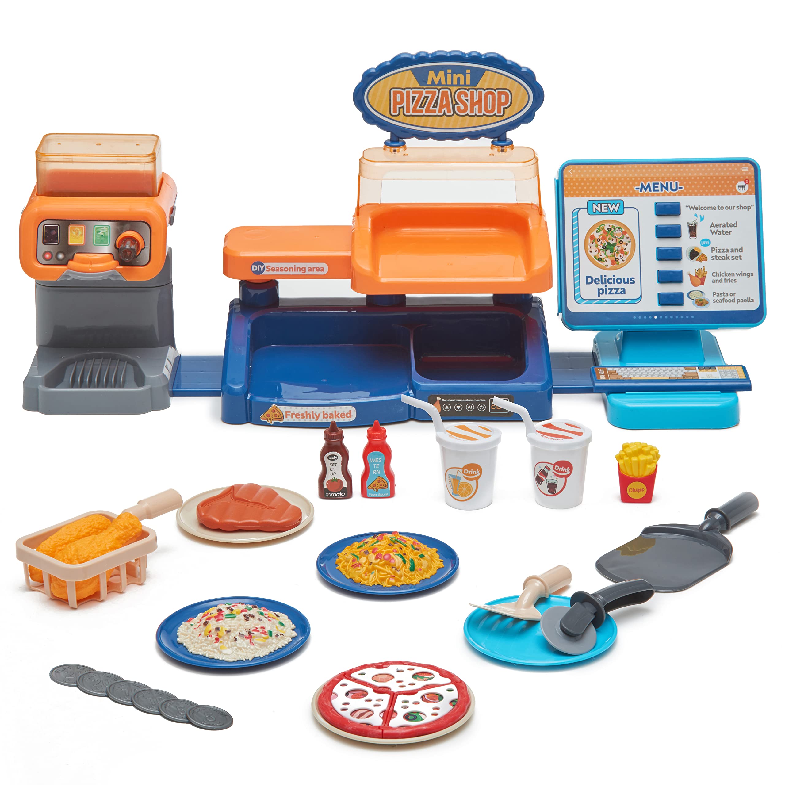 Pretend Play Mini Pizza Shop Toy Set with Menu - Kids Kitchen Playset & Retro Diner Stand for Toddlers - Includes Juice Machine, Chicken & Pasta (38 PCS) - Perfect for Role Play, Birthday Gifts & Early Learning