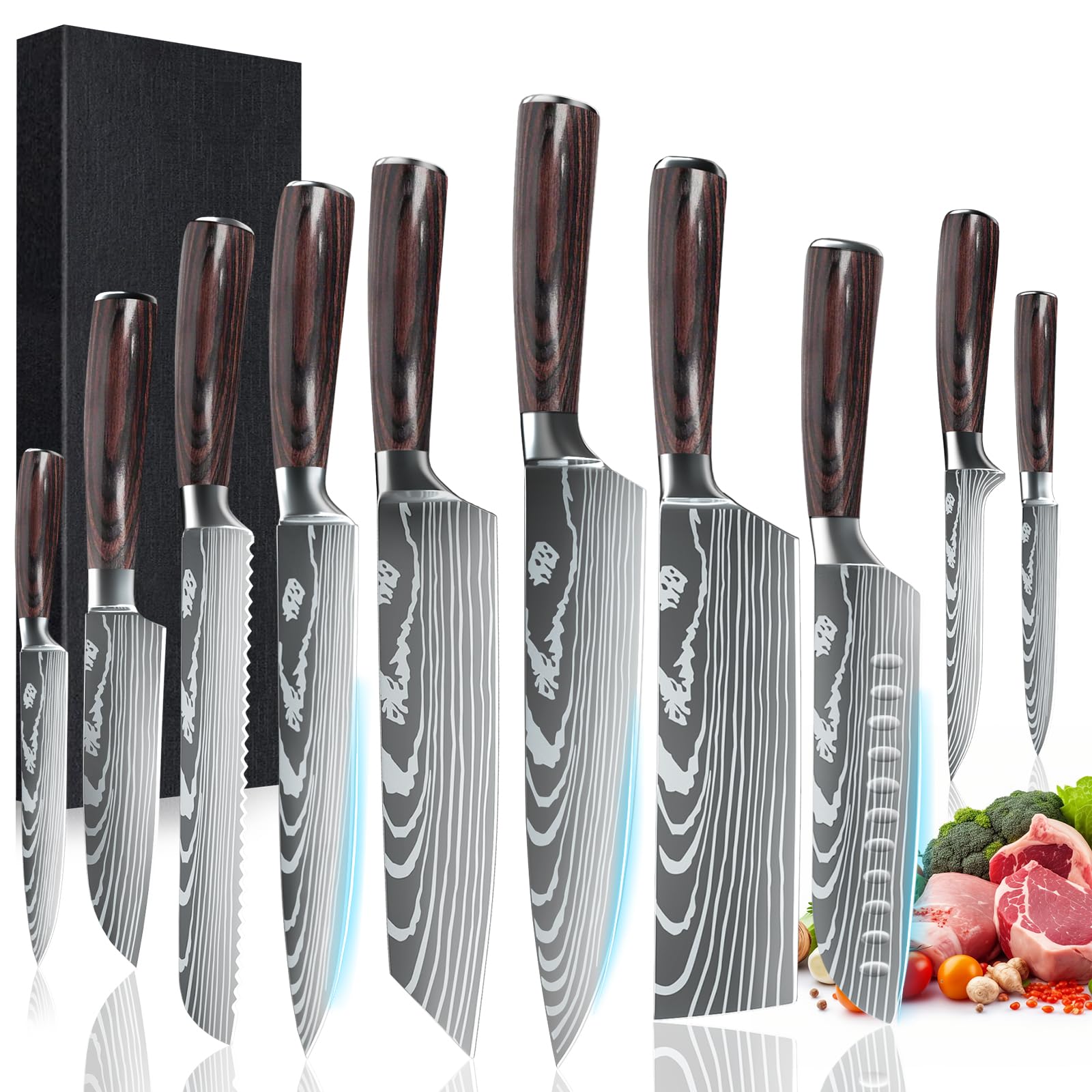 10-Piece ZENG Professional Japanese Stainless Steel Kitchen Knife Set - Chef Knives with Pakkawood Handles for Vegetables, Meat & Fruit - Perfect for Home Cooking, Restaurant Use & Gift Giving