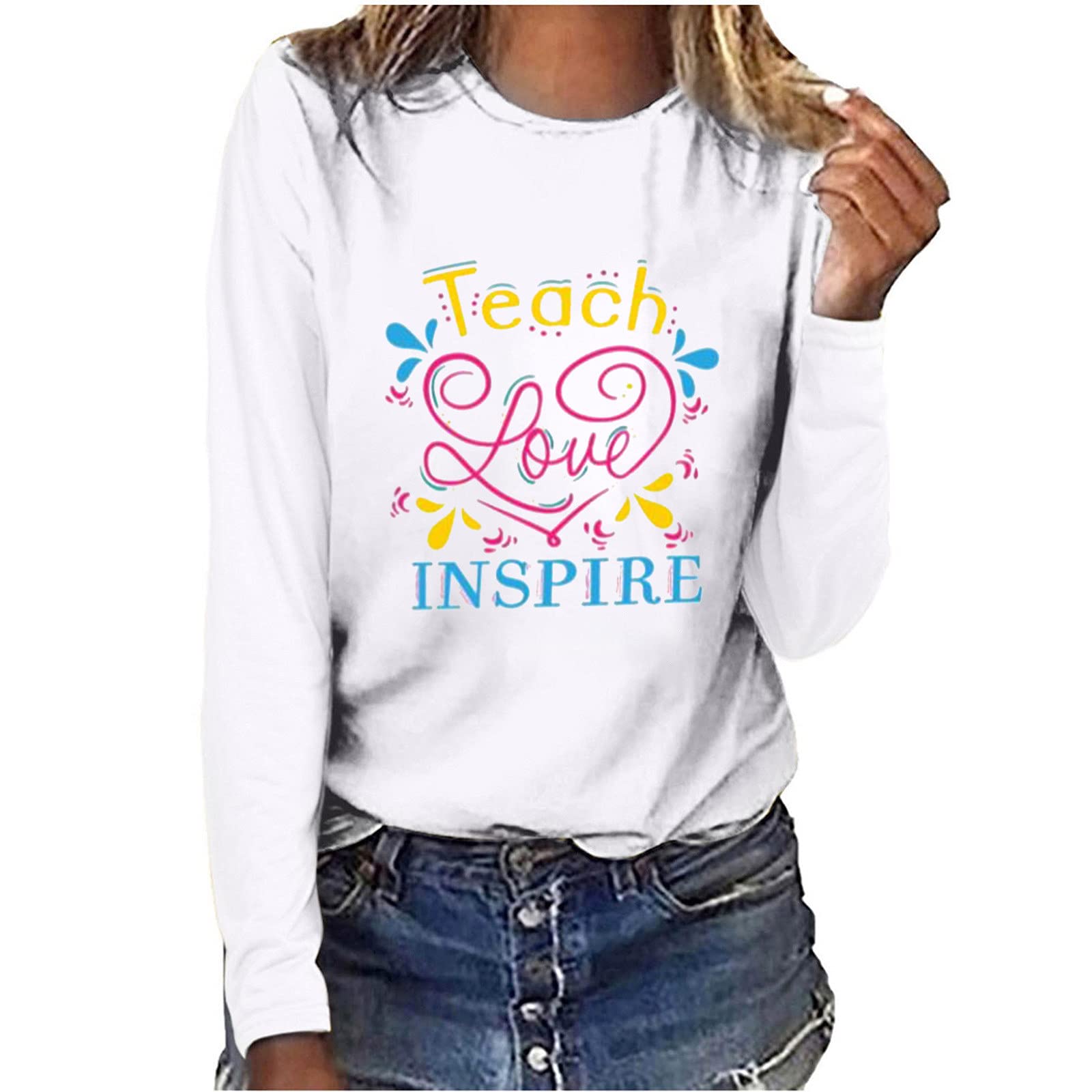 Trendy Women's Teacher Graphic T-Shirts - Cute Long Sleeve Casual Fall Shirts, Loose Fit Crewneck Tops for Educators | Perfect for Classroom, School Events & Everyday Wear