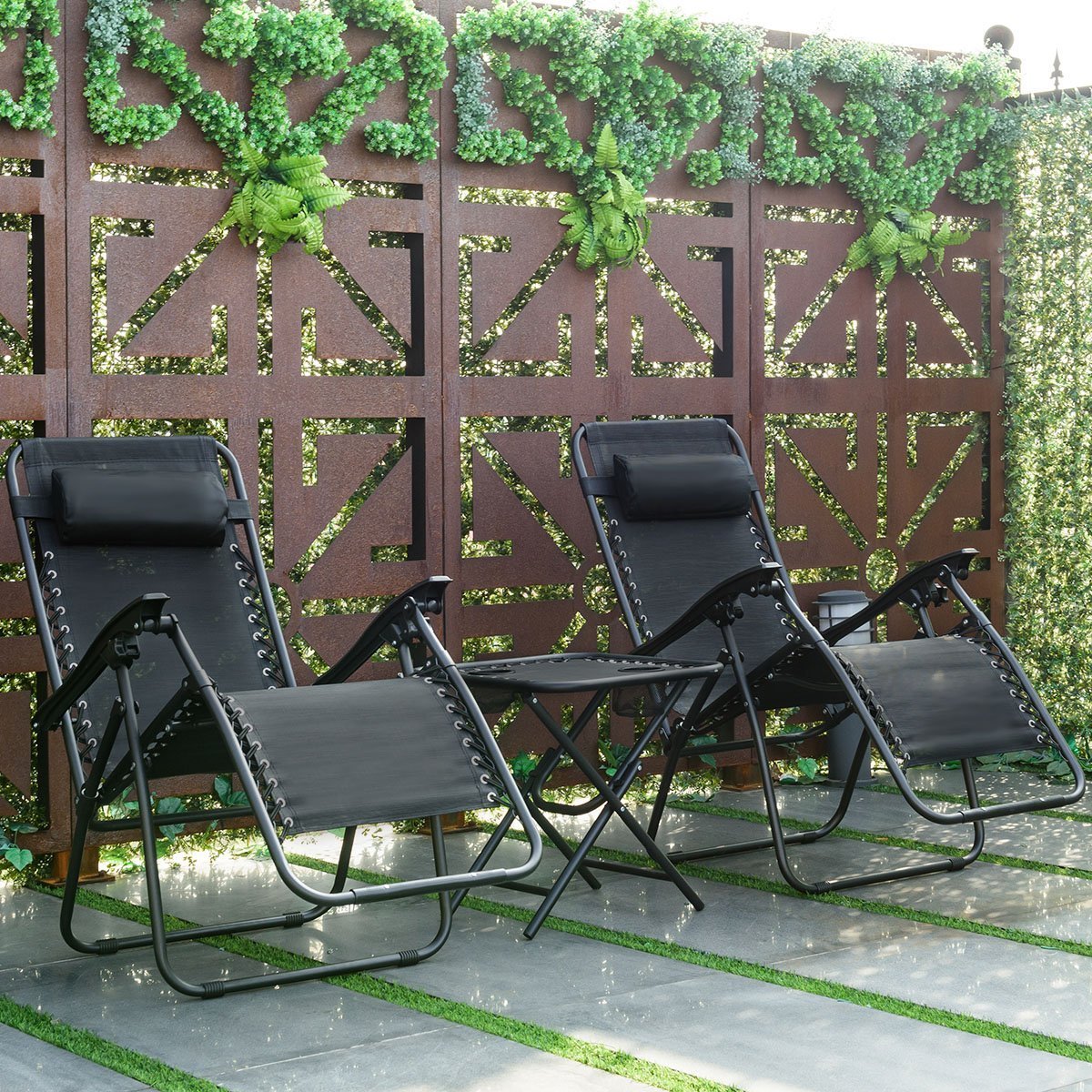 Giantex 3-Piece Zero Gravity Chair Set - Patio Chaise Lounge Chairs for Outdoor, Yard, Pool - Folding Recliner with Side Table (Black) | Perfect for Backyard Relaxation, Beach Lounging & Poolside Comfort