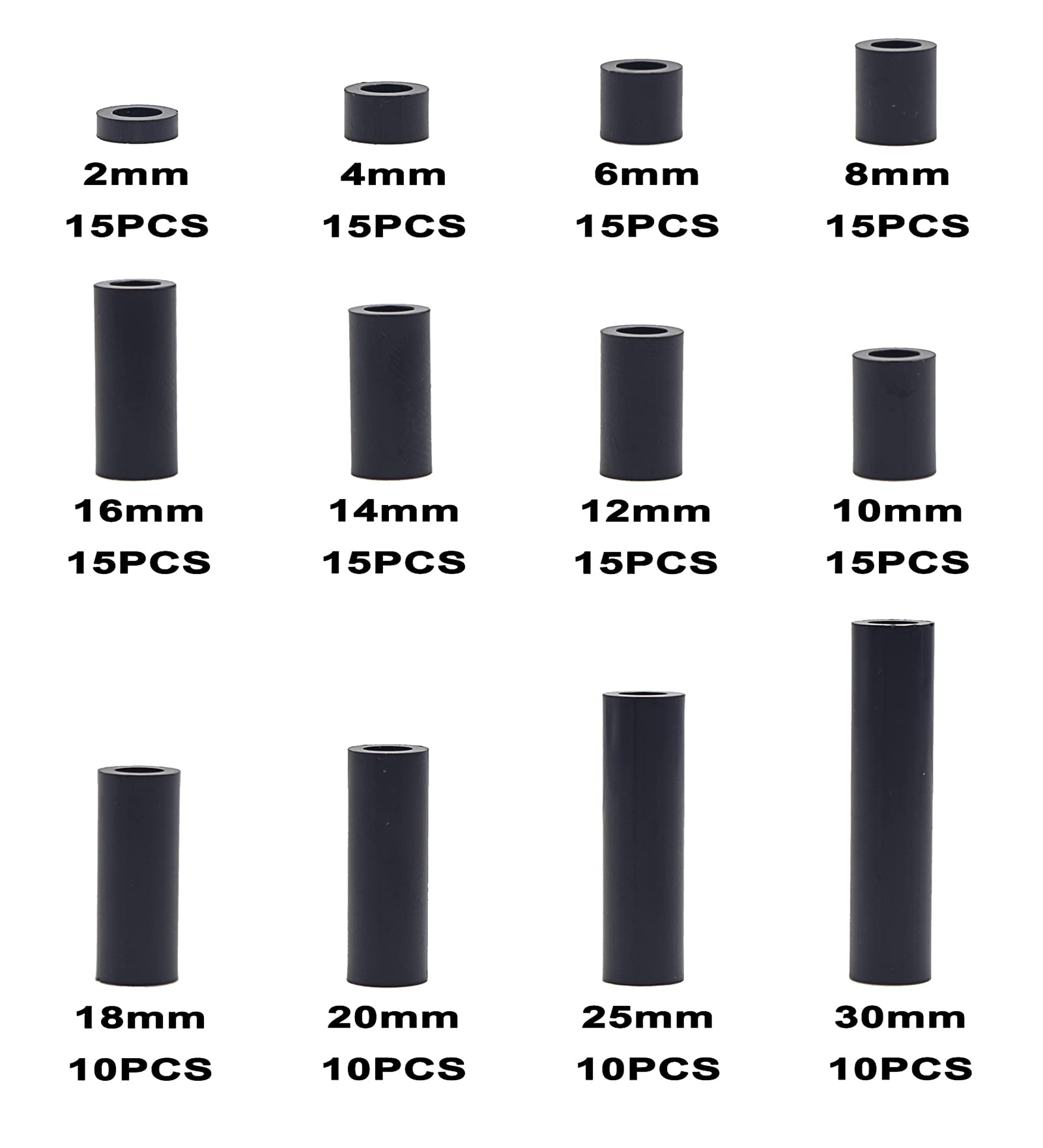 Metric OD 7mm ID 4.2mm Plastic Unthreaded Spacers (2mm-30mm) Assortment Kit for M4 Screws - Black Round Spacers & Clearance Spacers for DIY Projects, Electronics, and Machinery Assembly
